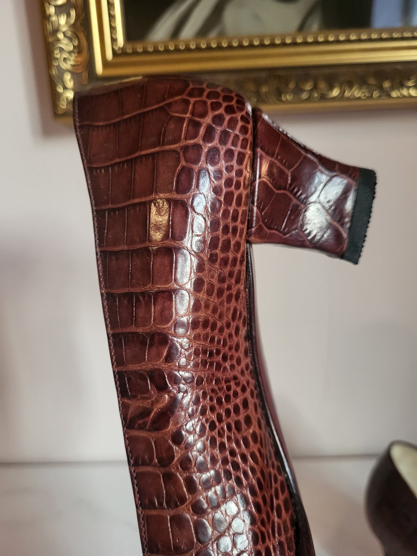 Vintage Bruno Magli Brown Croc-Embossed Leather Court Heels