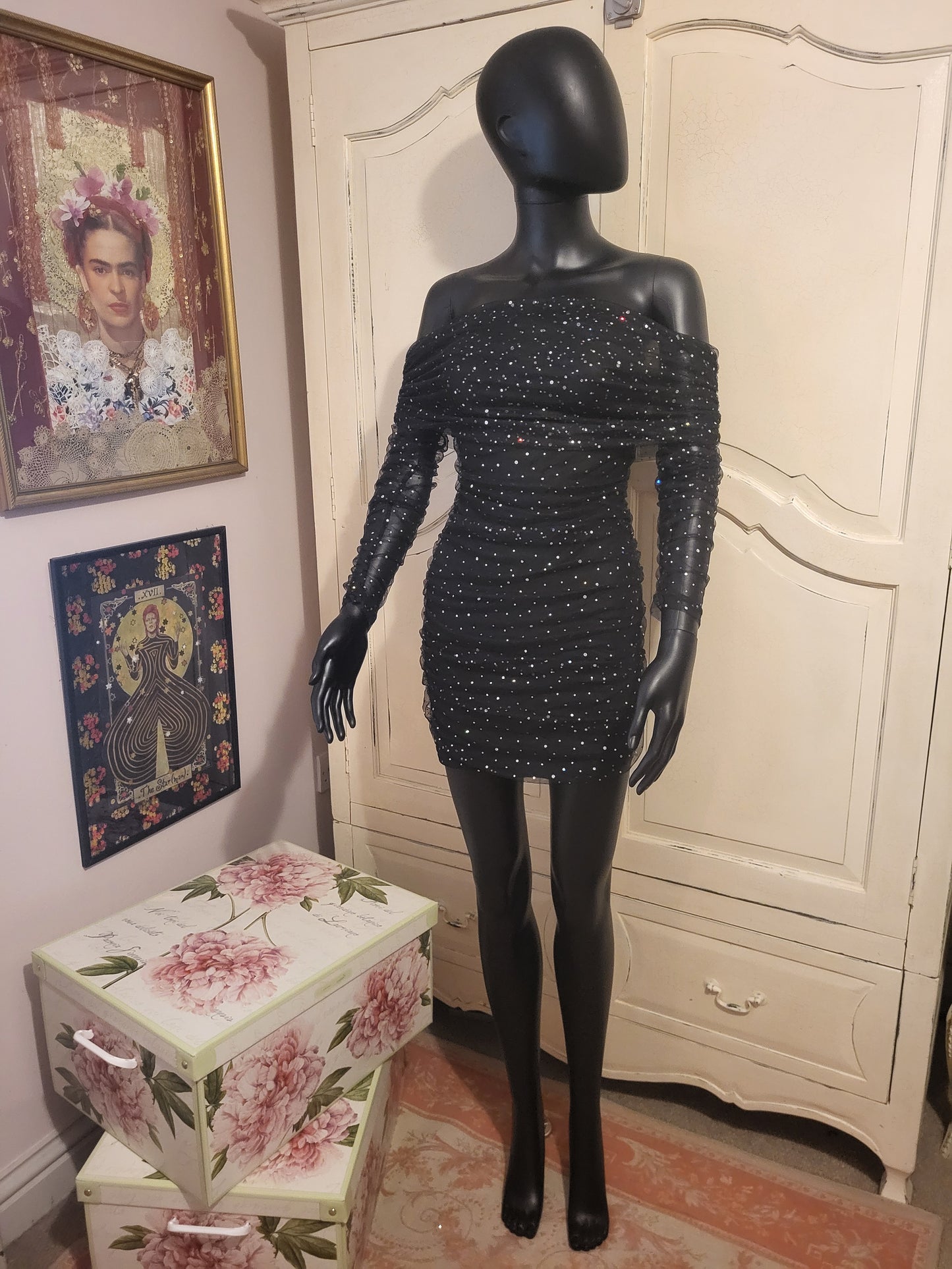Sheer Off the Shoulder Diamante Black Mini Dress