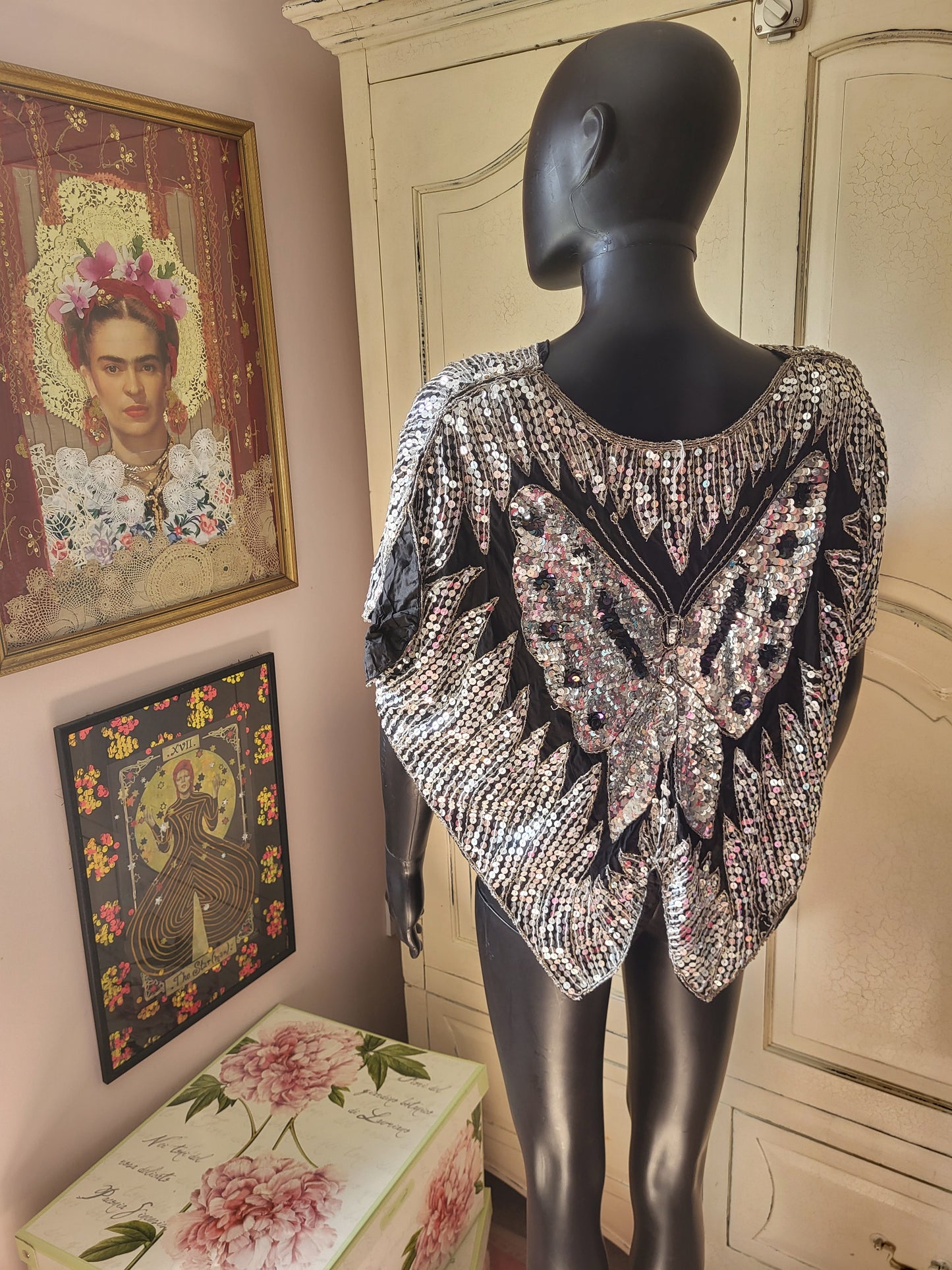 Vintage Made in India 100% Silk Embroidered Butterfly Poncho