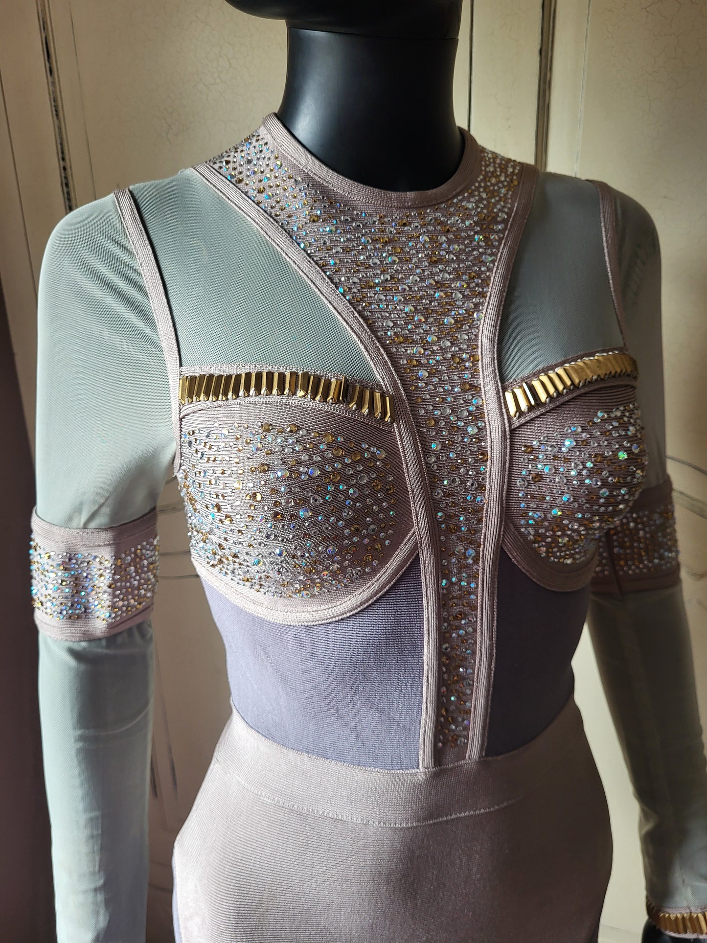 Mesh and Faux Diamante Bandage Dress