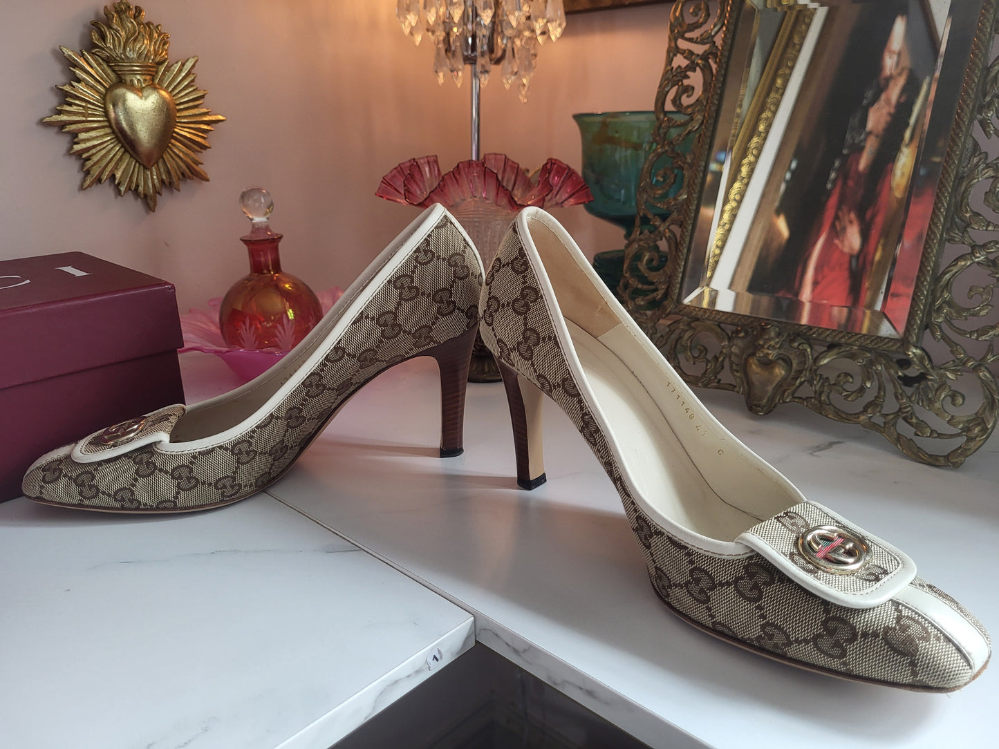 Gucci Classic Print Court Heels with Brass Emblems