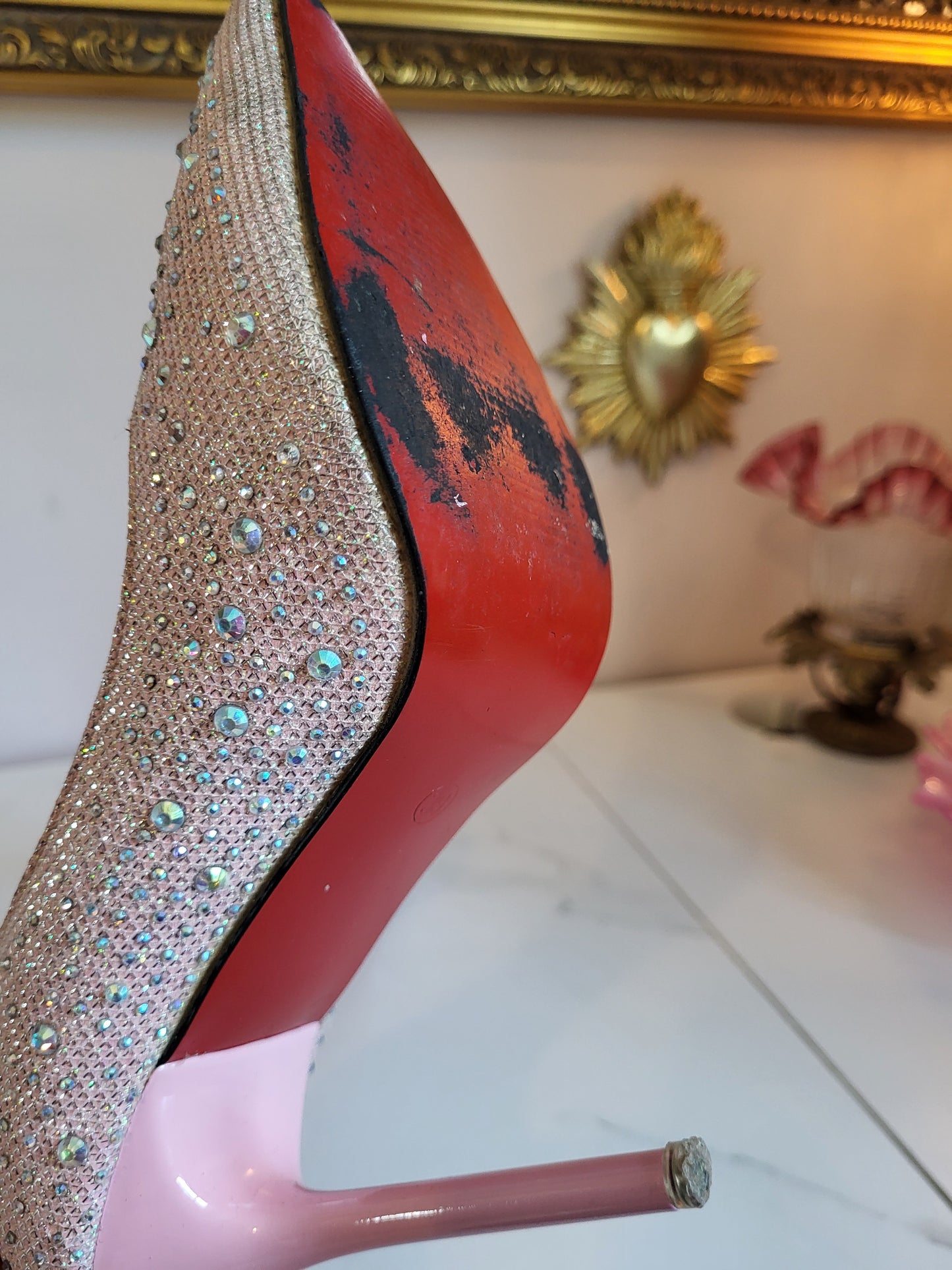 Pink Diamante Heels with Red Soles