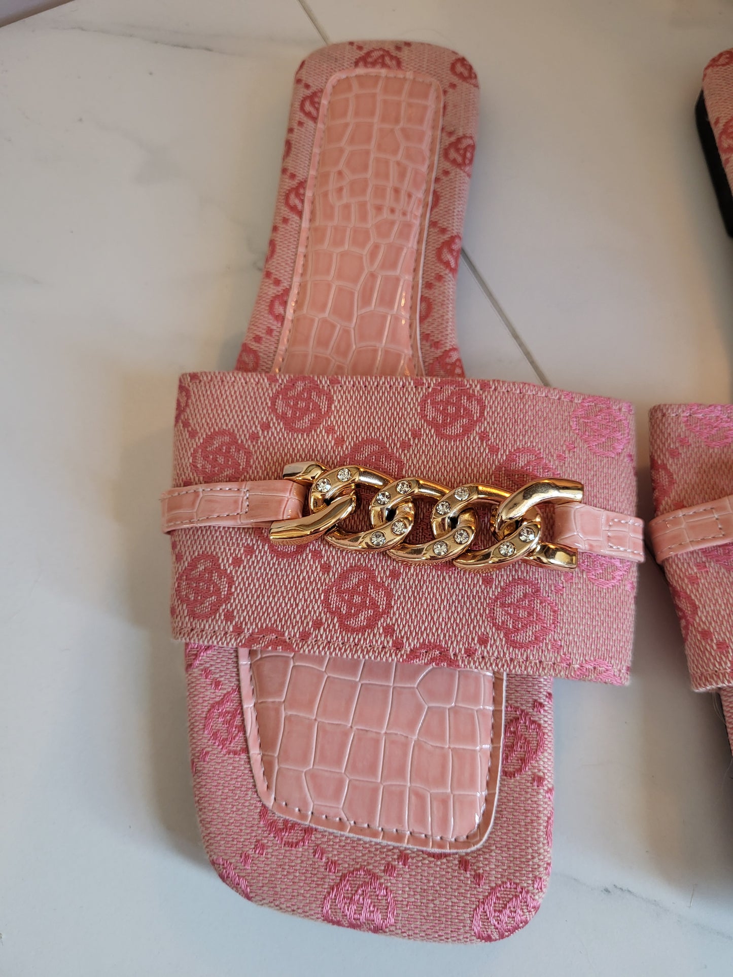 Pink Slip on Mules with Diamante Gold Chain detail