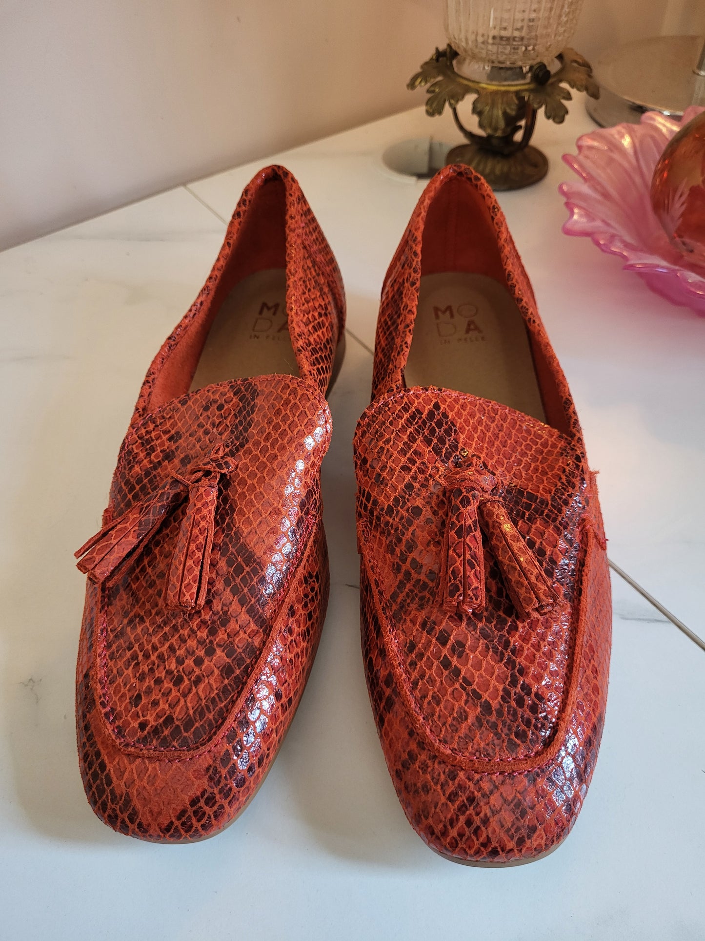 Moda in Pelle Leather Burnt Orange Faux Snakeskin Loafers