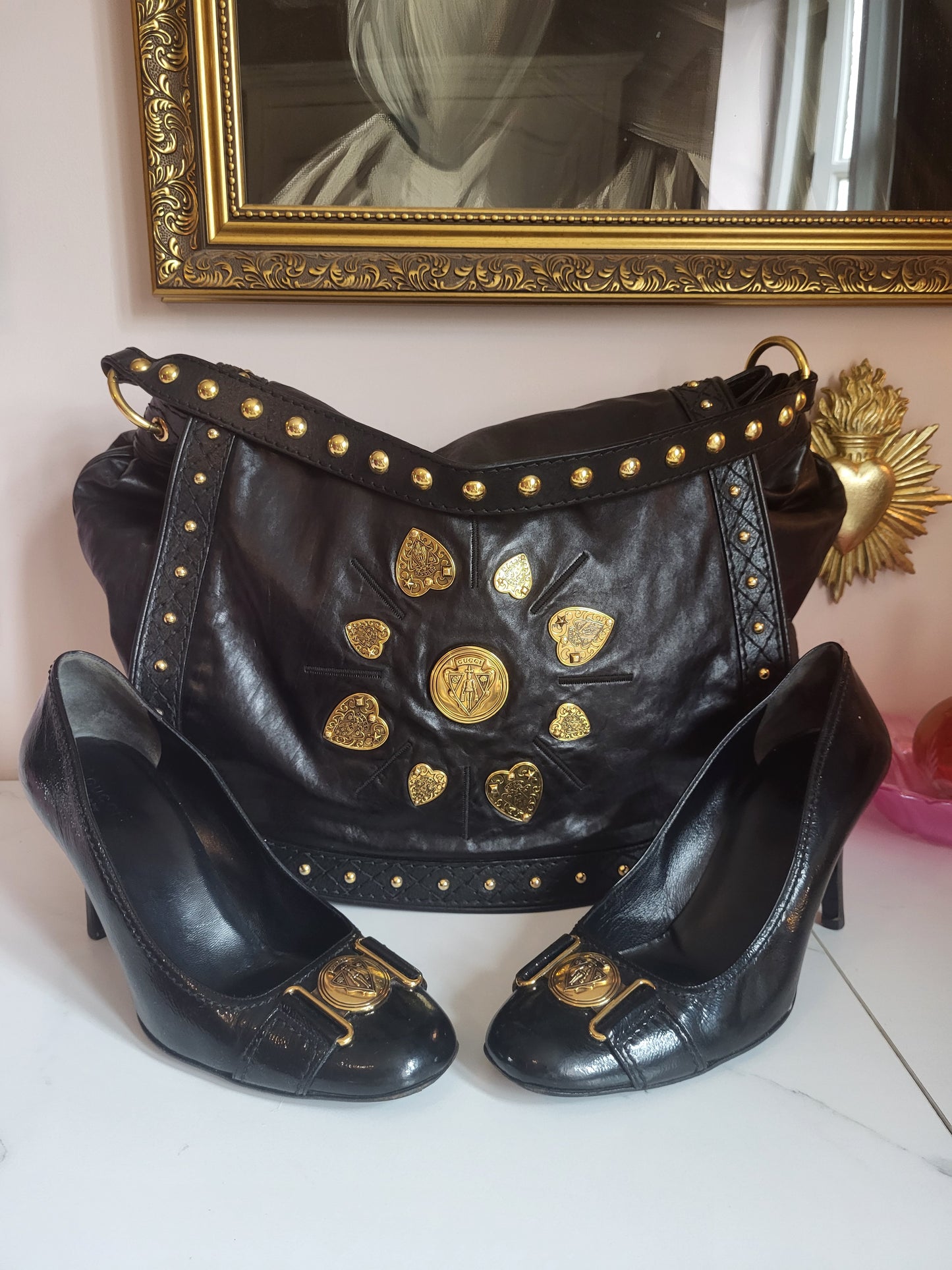 Gucci Patent Black Pump Heels with Brass Emblems