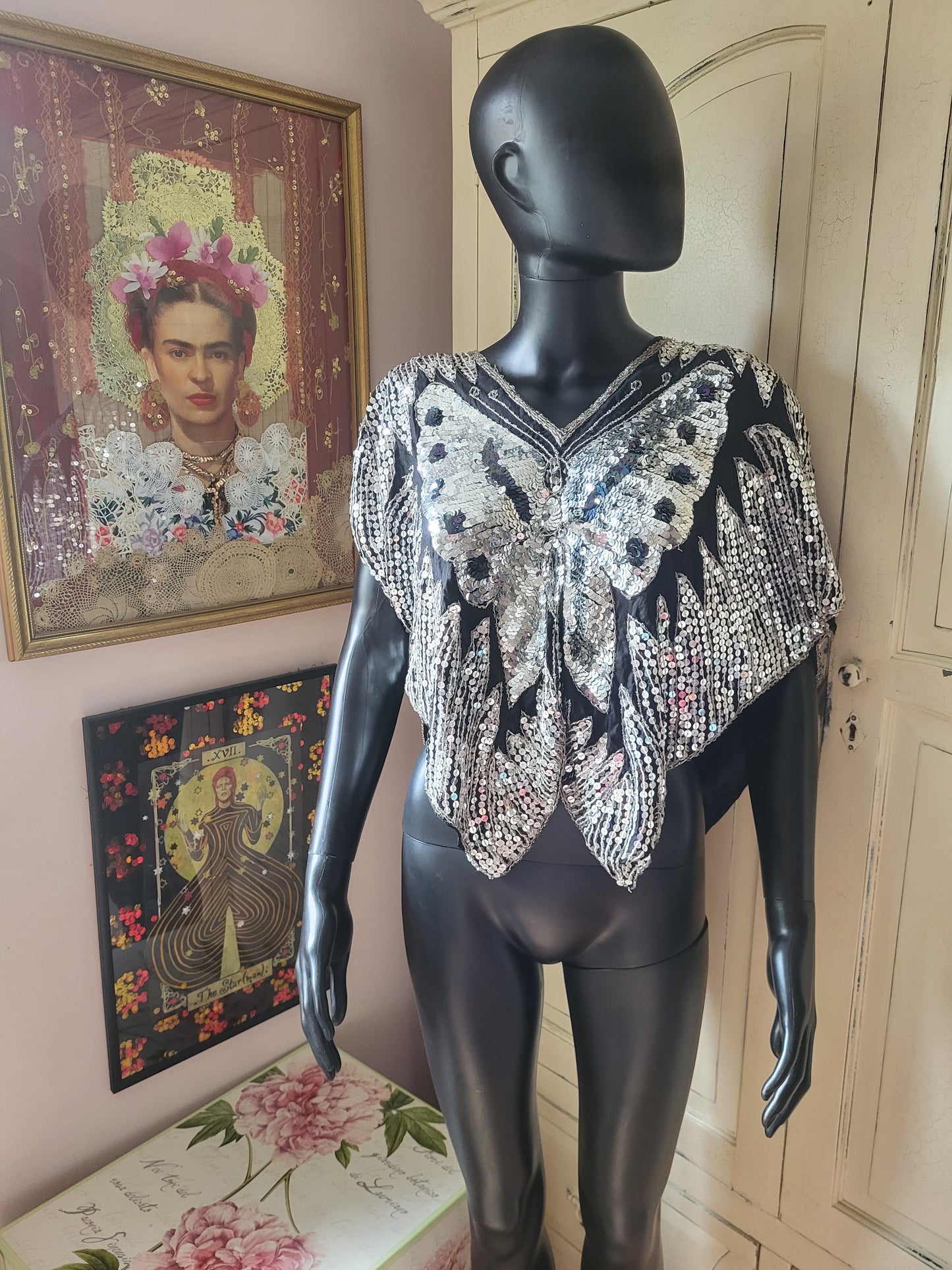 Vintage Made in India 100% Silk Embroidered Butterfly Poncho