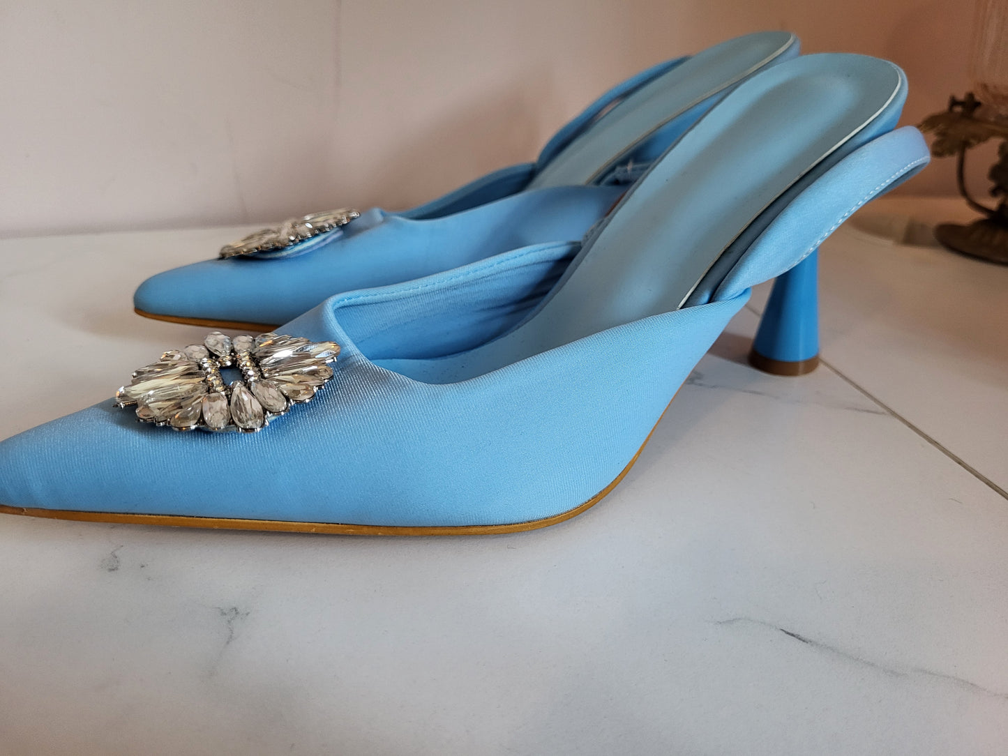 Cornflower Blue Diamante Sling back Heels in the style of Manolo Blahnik