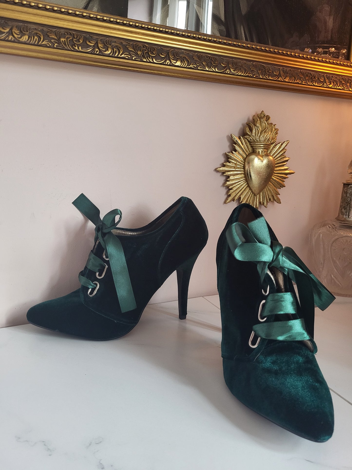 Emerald Velvet Ribbon-Tie Shoe Boots