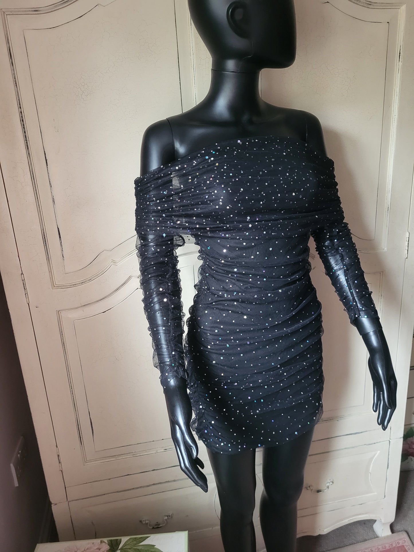 Sheer Off the Shoulder Diamante Black Mini Dress