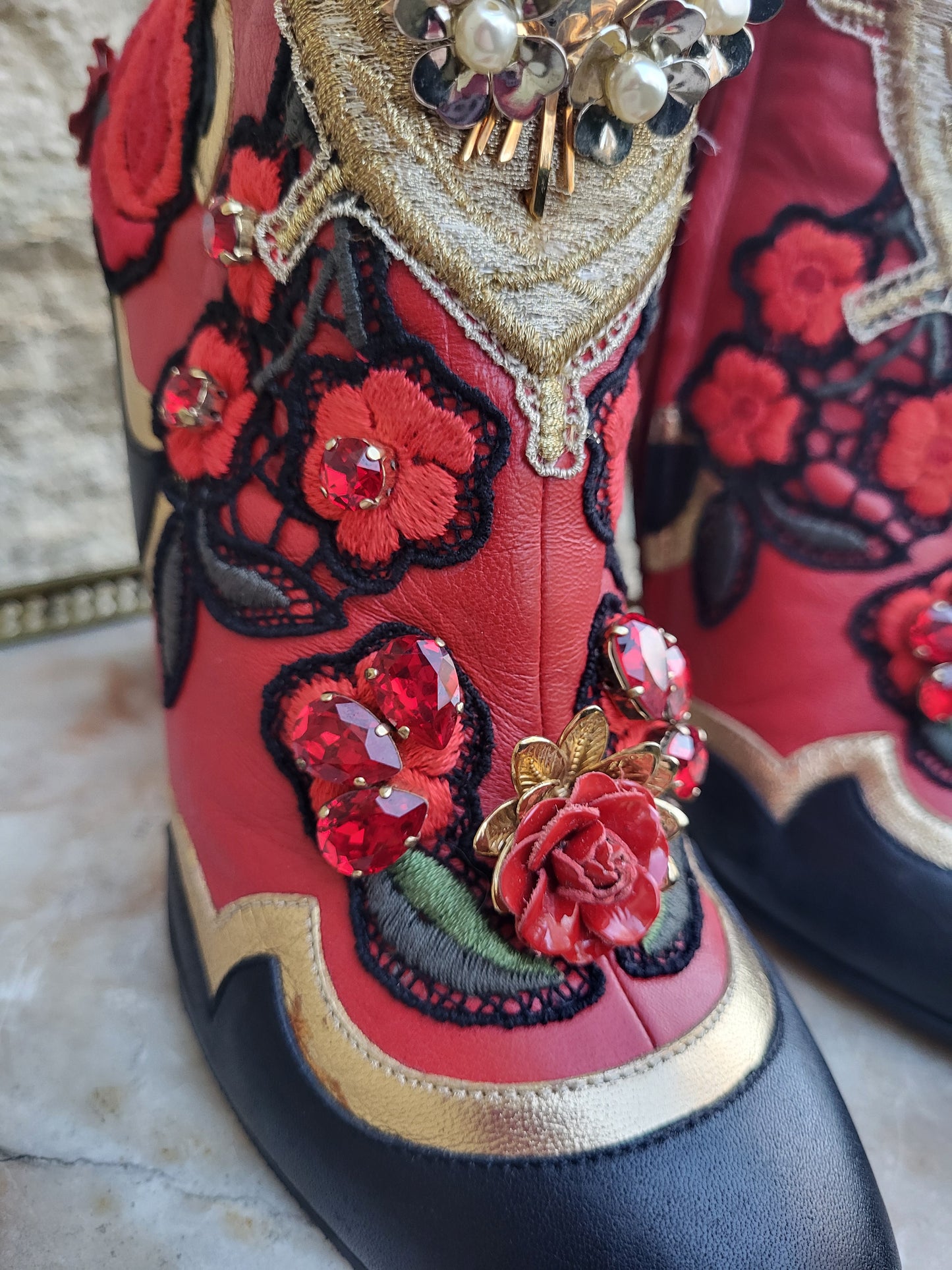 Dolce & Gabbana Baroque Embellished Red Leather Boots