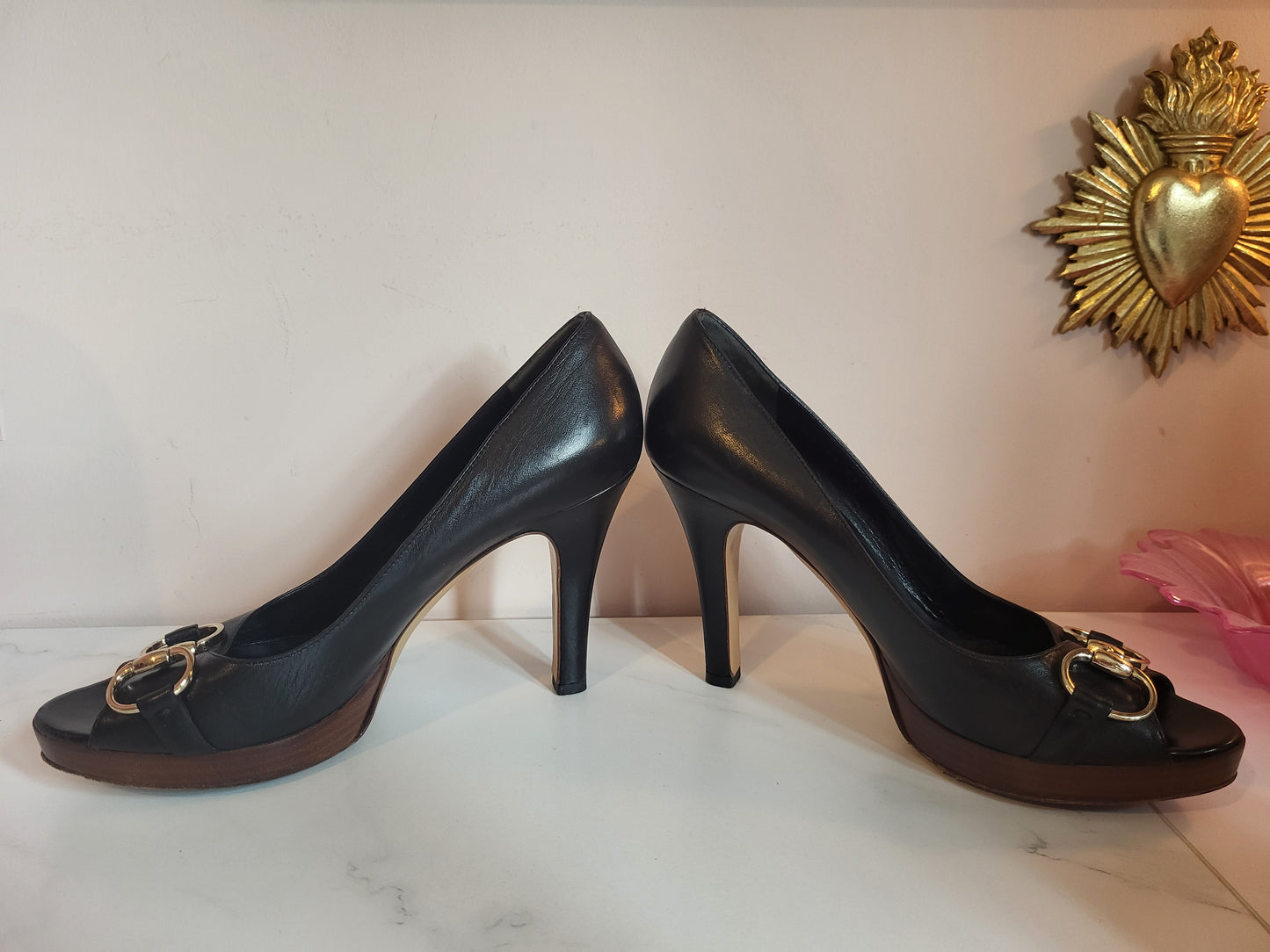 Gucci Black Classic Horsebit Peep Toe Platform Heels