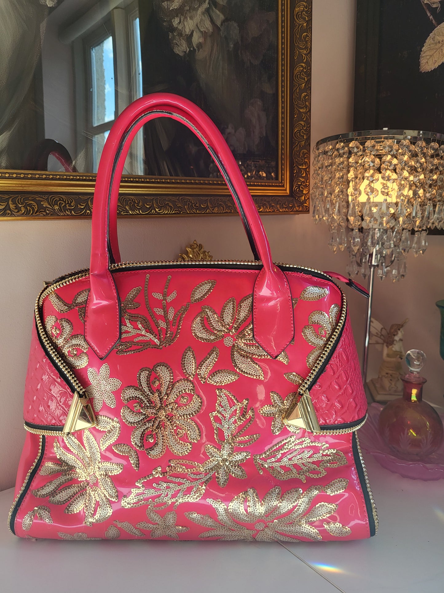 Giant Patent Pink Fuchsia Bag with Sequins