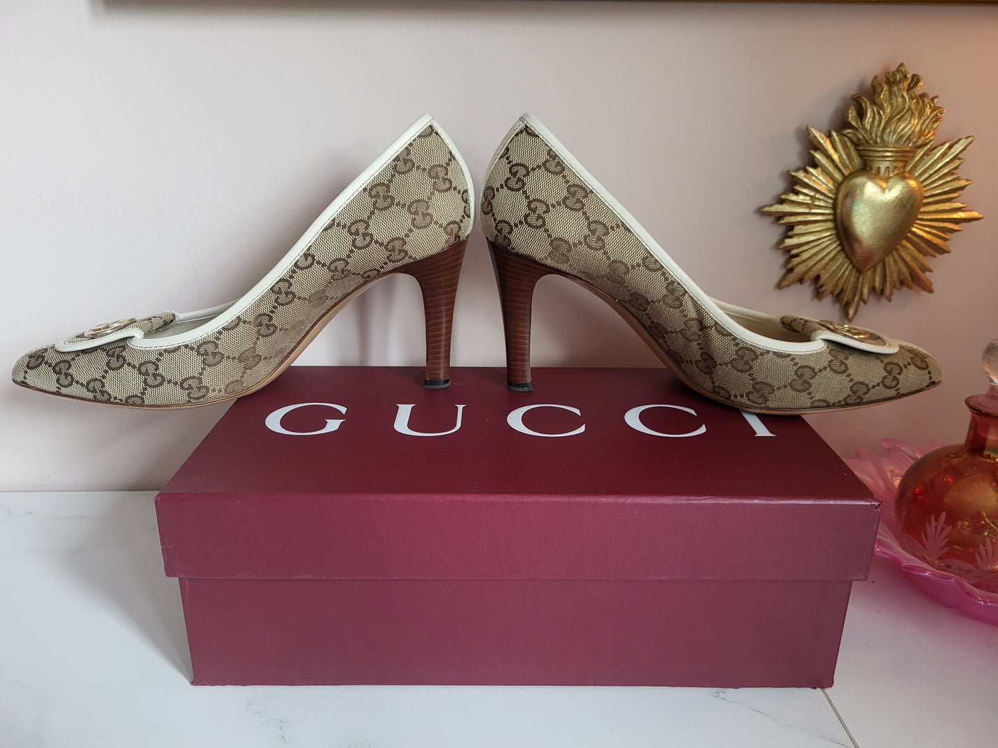 Gucci Classic Print Court Heels with Brass Emblems