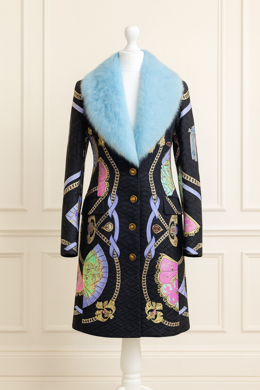 Versace Blue Faux Fur Collar Brocade Coat