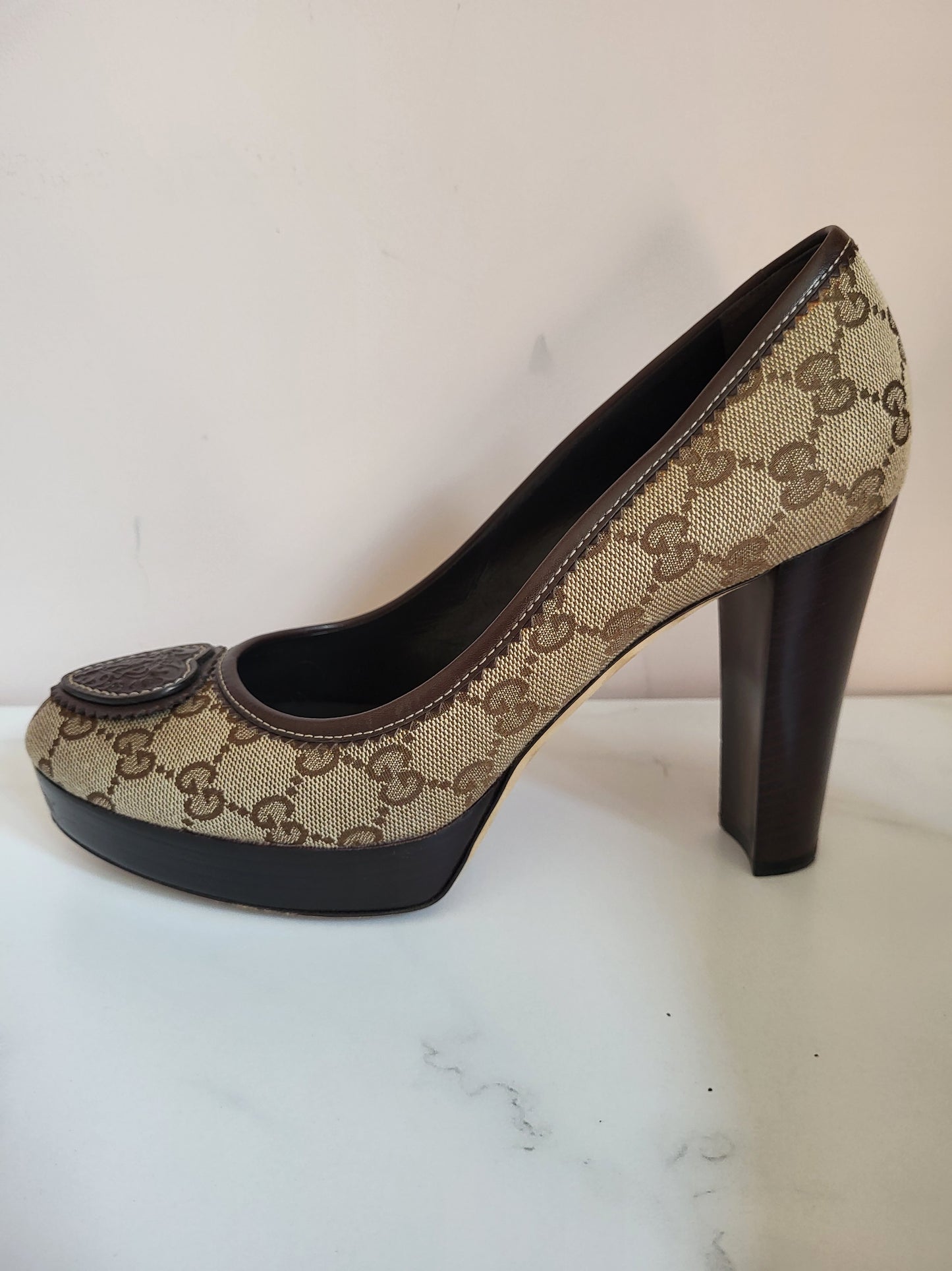 Gucci Leather Lined Classic Print Platform Heels