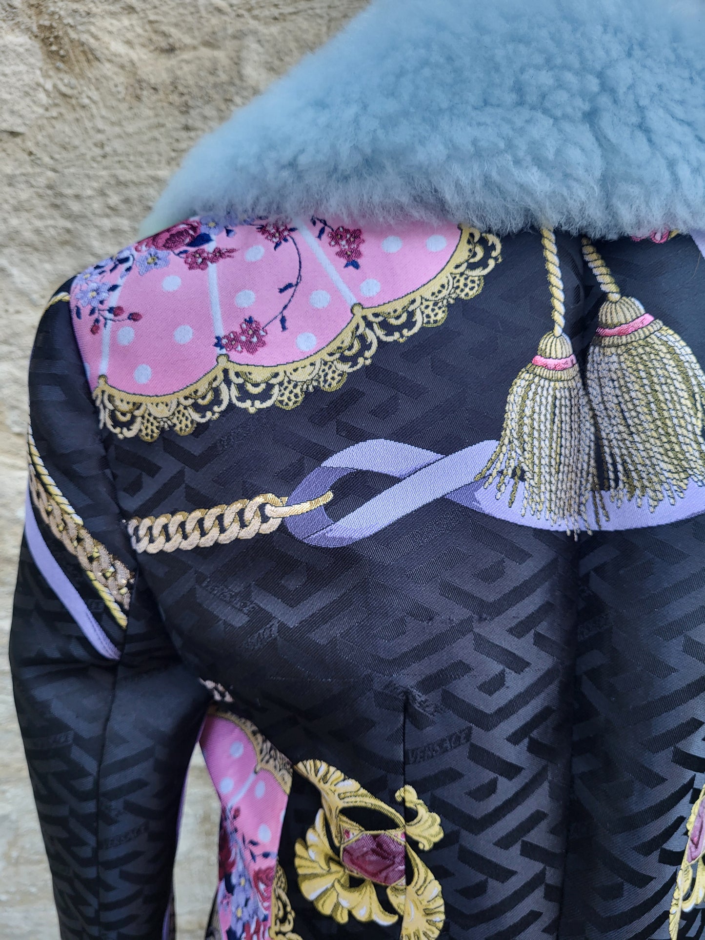 Versace Blue Faux Fur Collar Brocade Coat