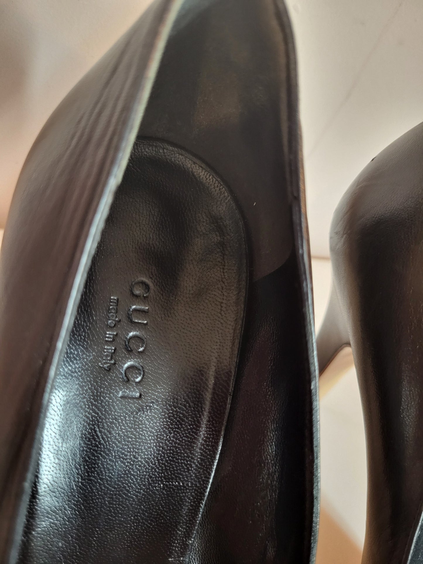 Gucci Black Classic Horsebit Peep Toe Platform Heels