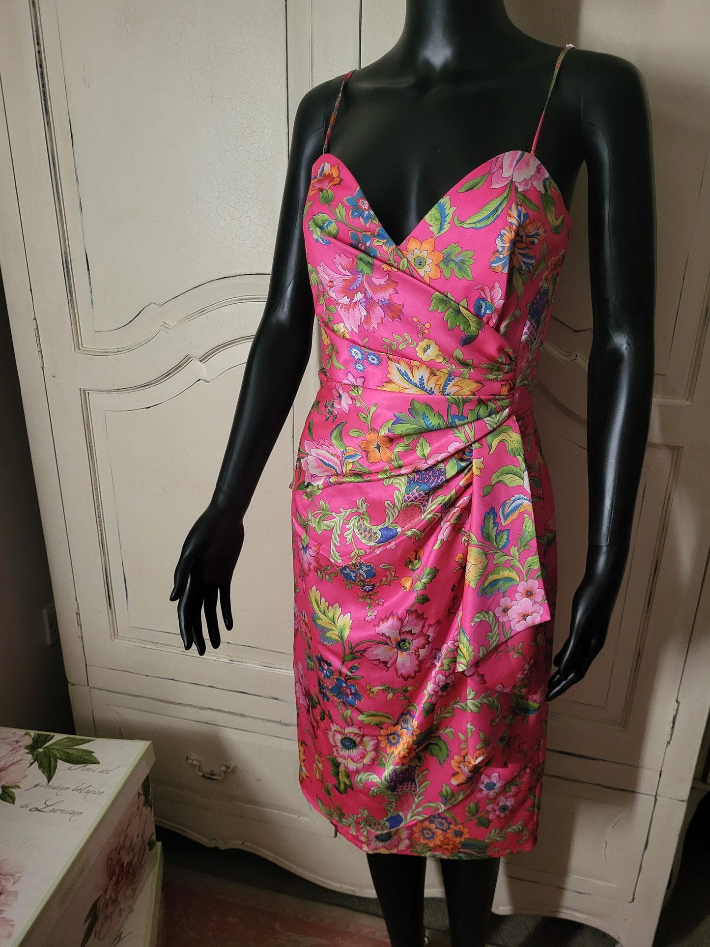 Vintage Satin Fuchsia Floral Print Frank Usher Dress