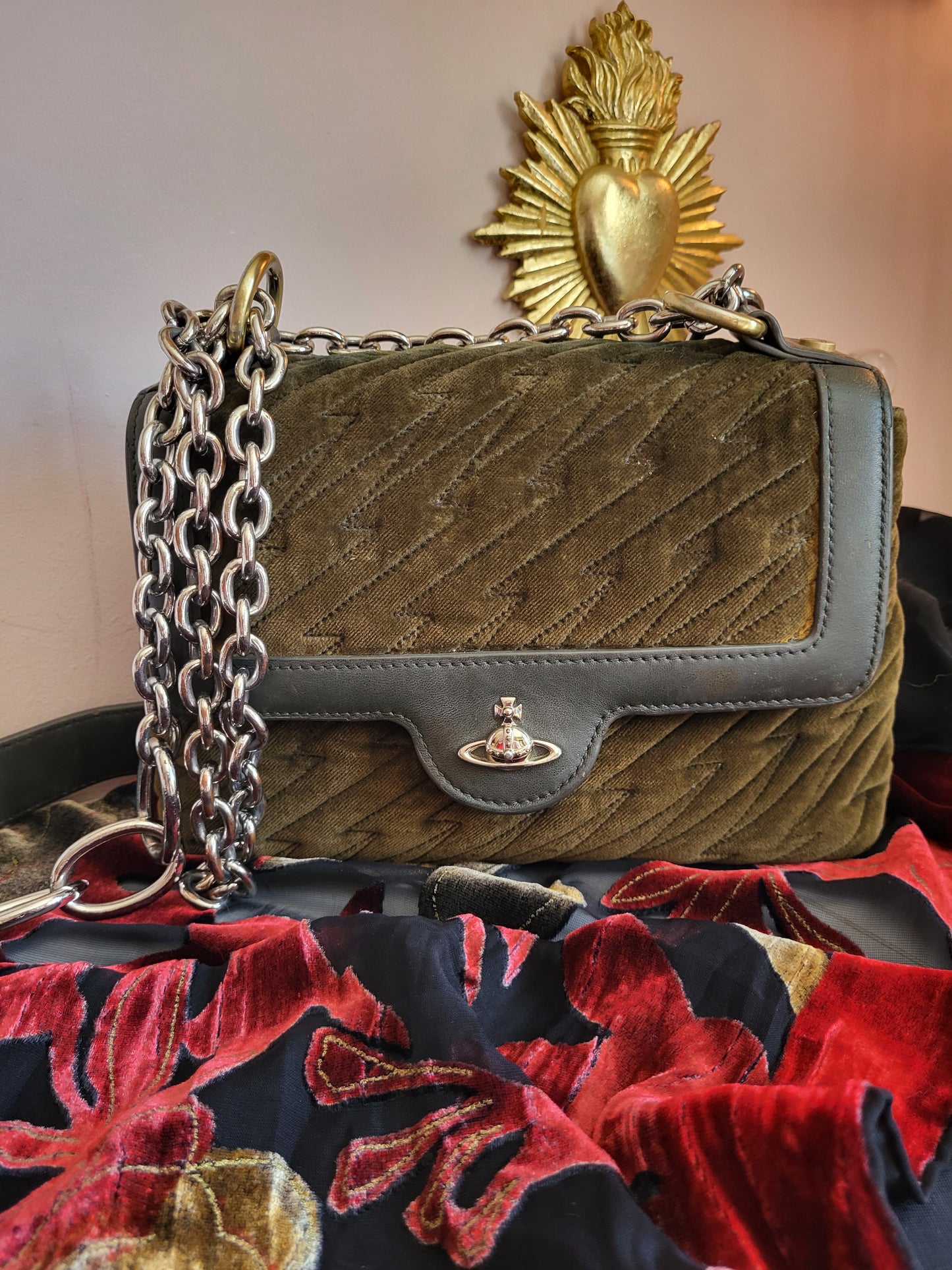 Vintage Vivienne Westwood Olive Velvet Shoulder Bag