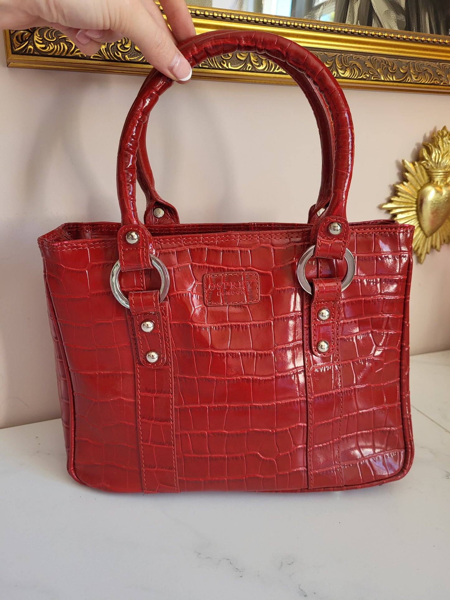 Red Patent Croc Osprey Tote Handbag
