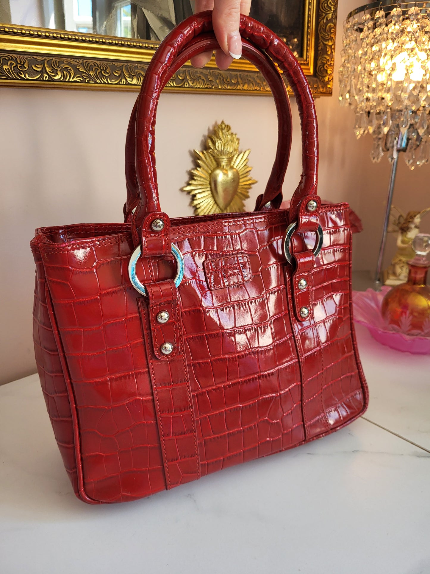 Red Patent Croc Osprey Tote Handbag