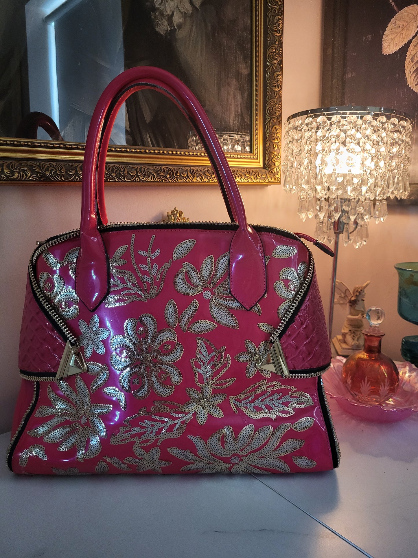 Giant Patent Pink Fuchsia Bag with Sequins