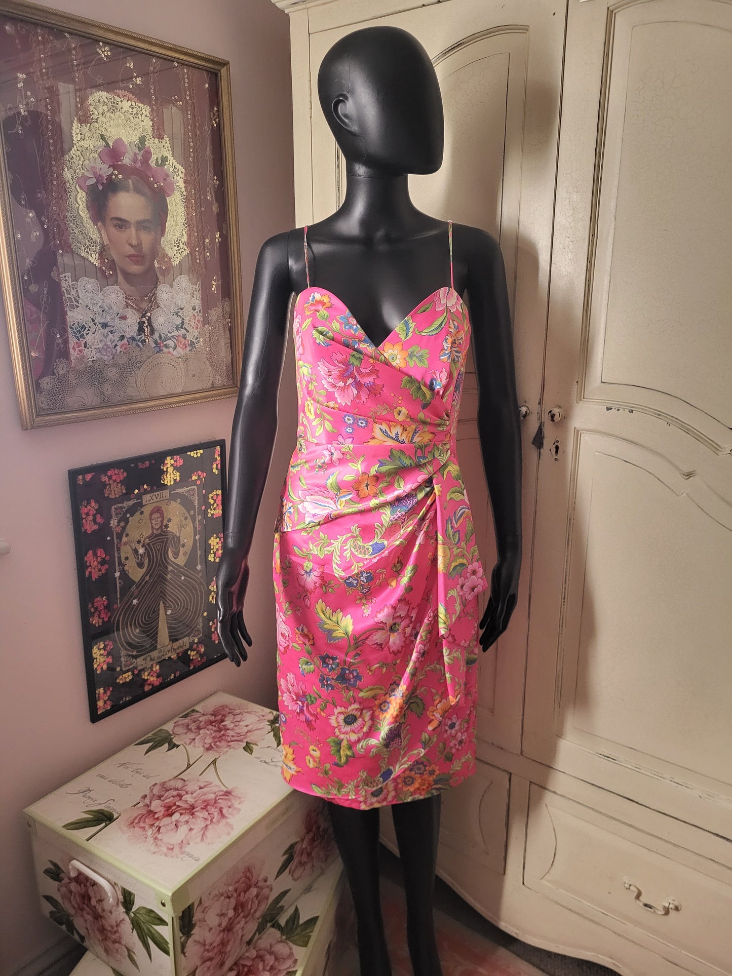 Vintage Satin Fuchsia Floral Print Frank Usher Dress