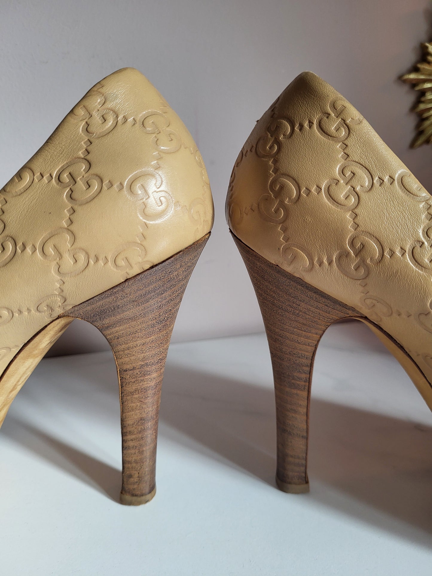 Gucci Tan Peep Toe Platform Heels
