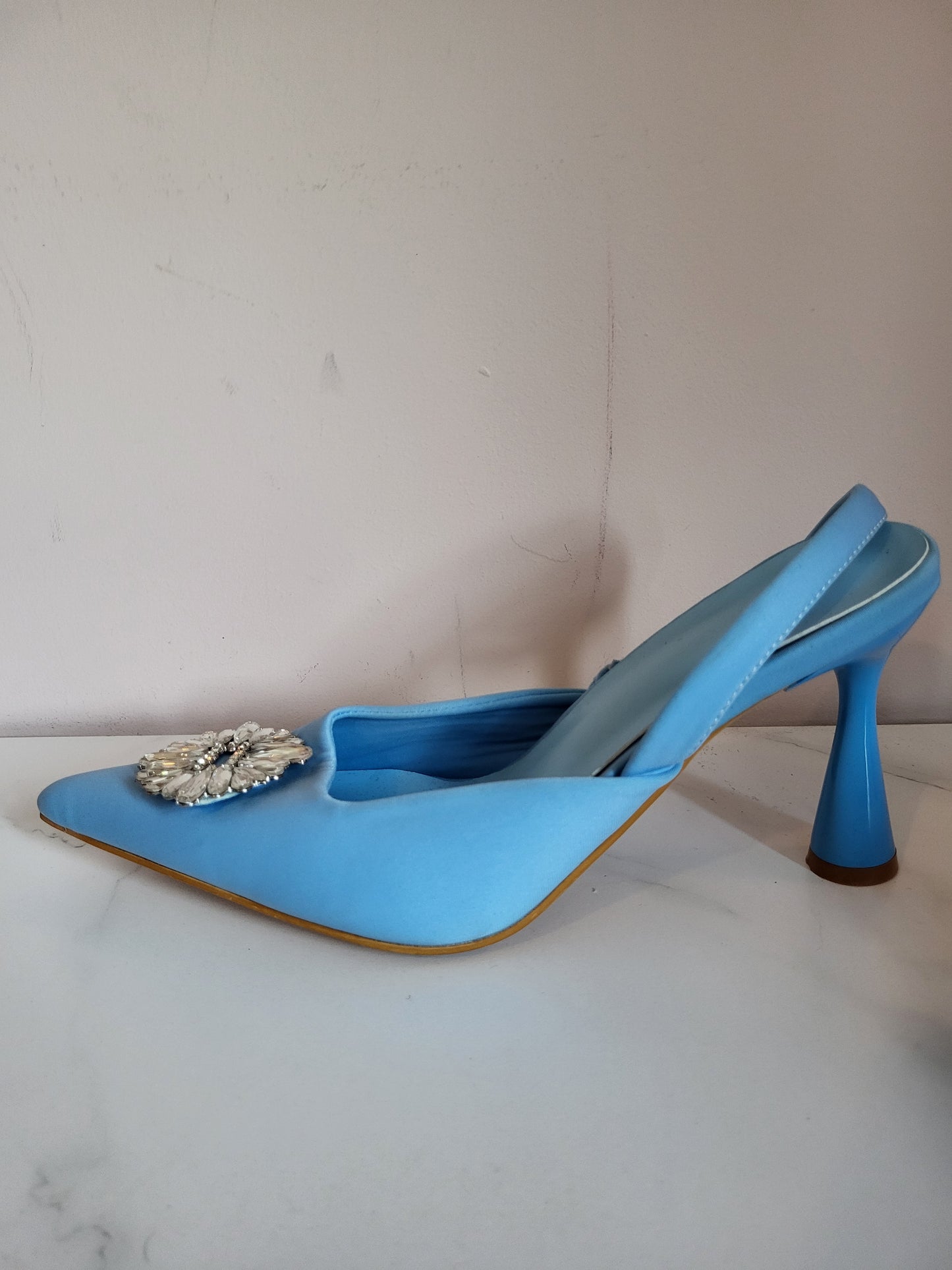 Cornflower Blue Diamante Sling back Heels in the style of Manolo Blahnik