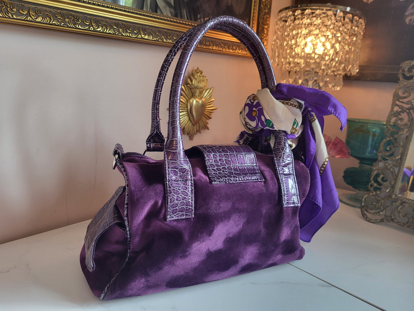 Midnight Purple Velour Tote Bag with Faux Croc Detailing