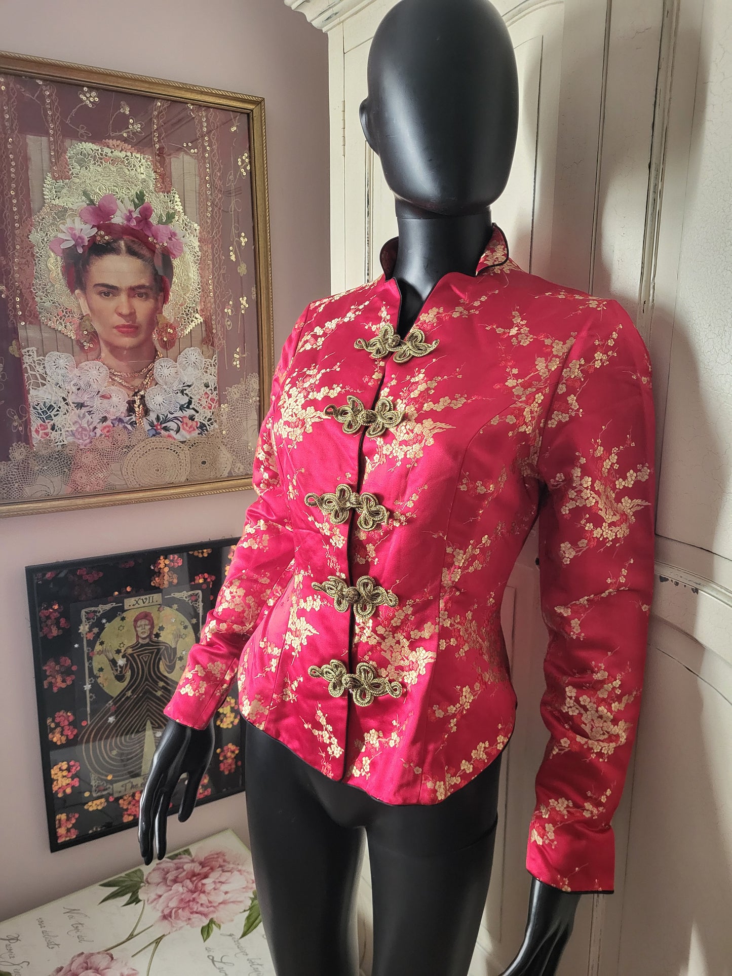 Tailor Lau Silk Red Floral Jacquard Jacket with Gold Brocade fastenings