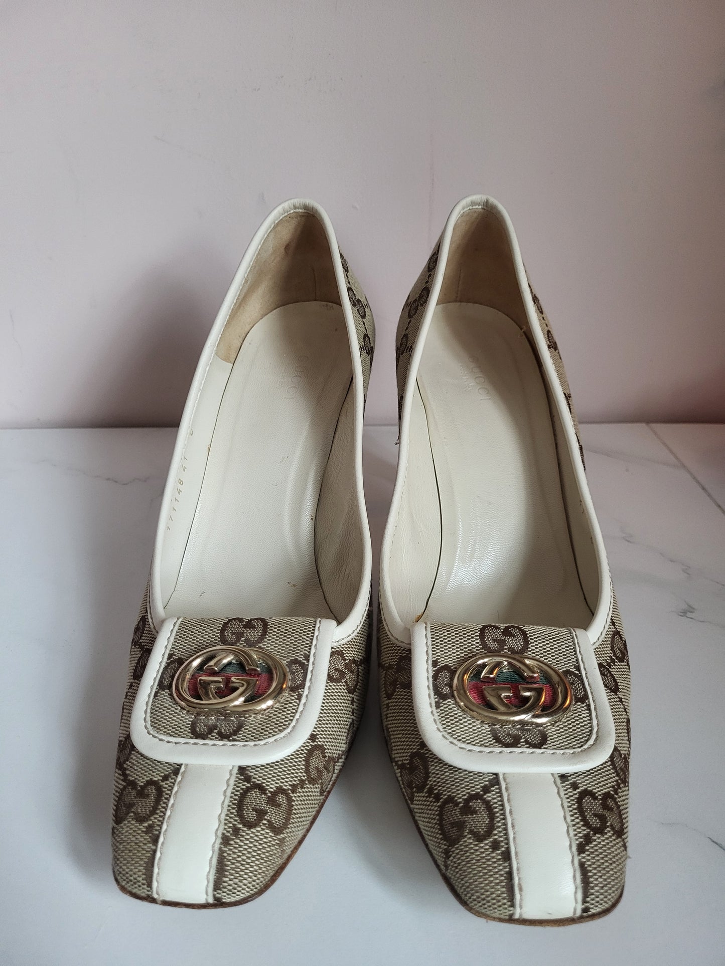 Gucci Classic Print Court Heels with Brass Emblems