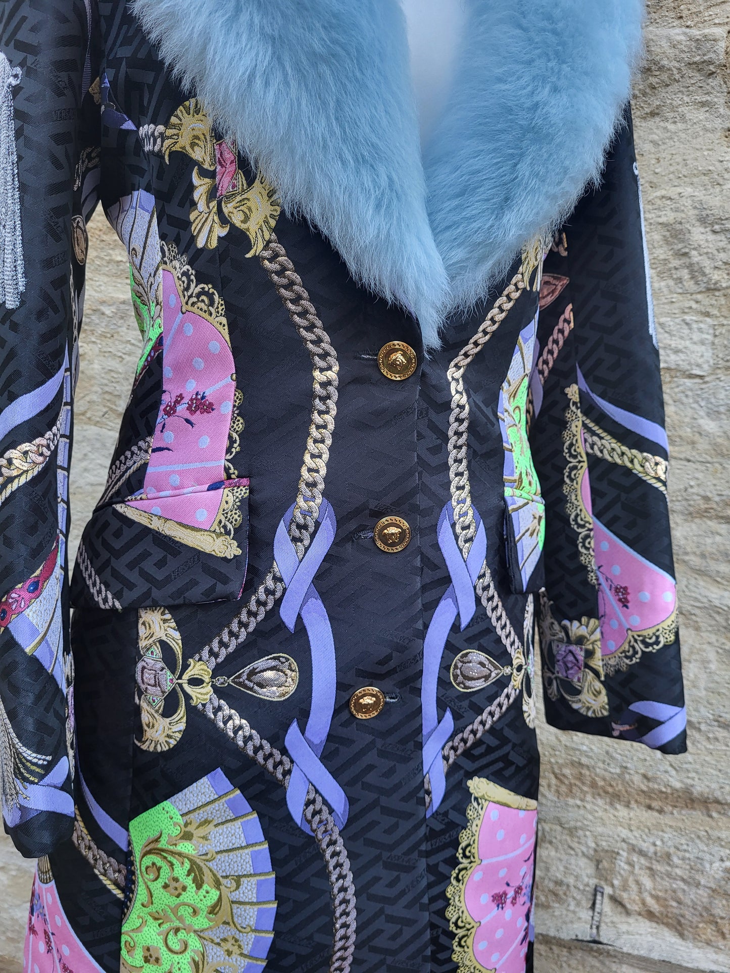 Versace Blue Faux Fur Collar Brocade Coat