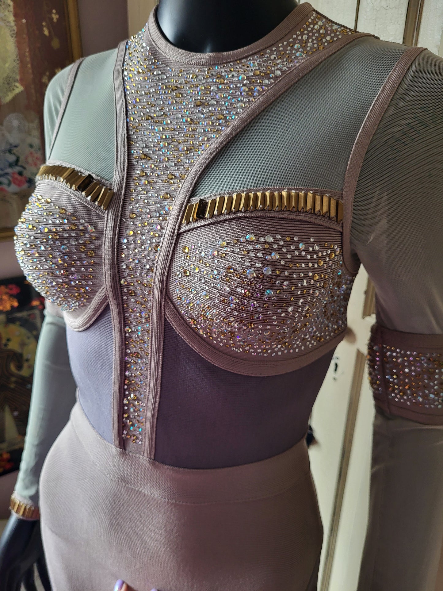 Mesh and Faux Diamante Bandage Dress