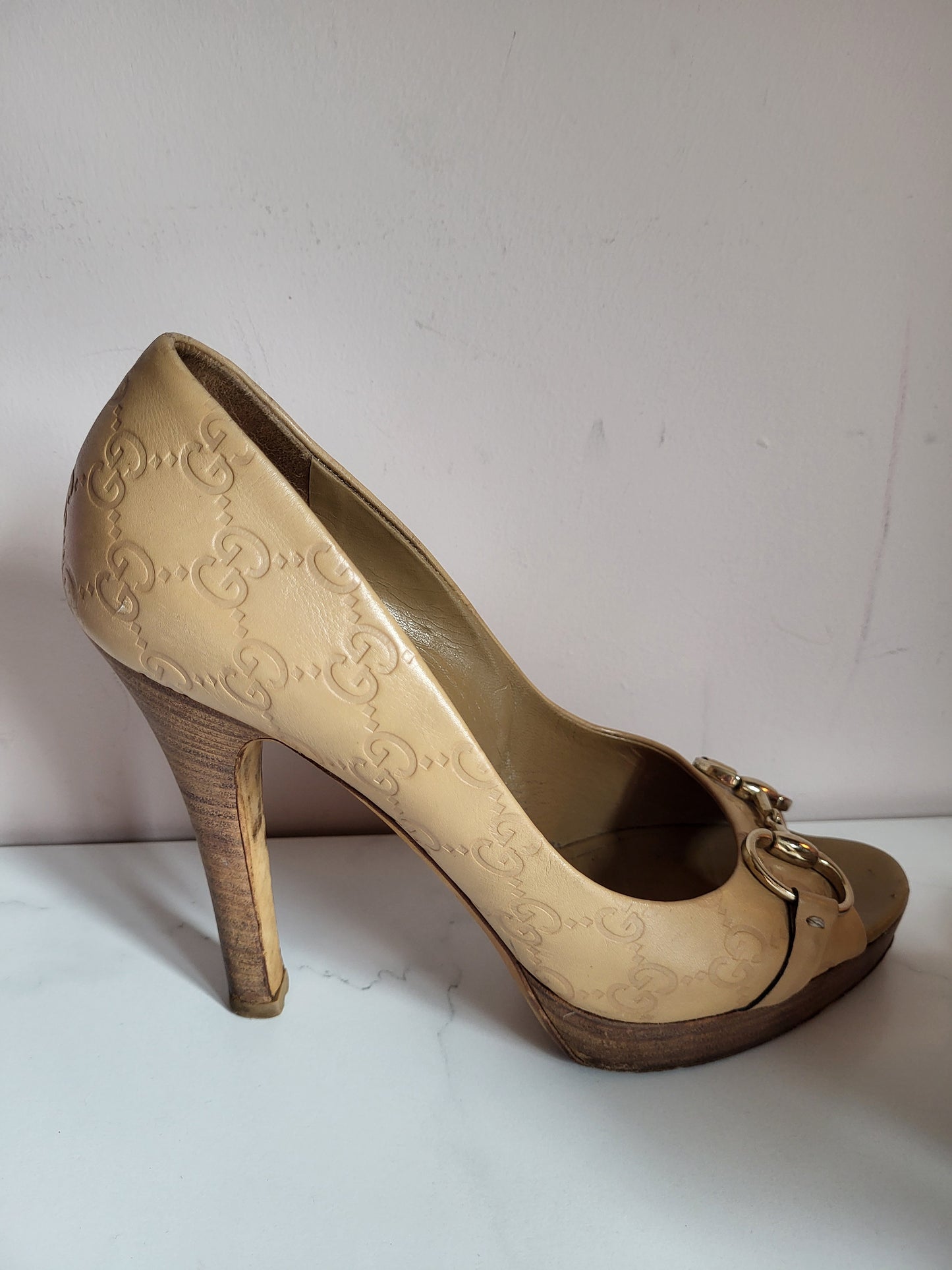 Gucci Tan Peep Toe Platform Heels