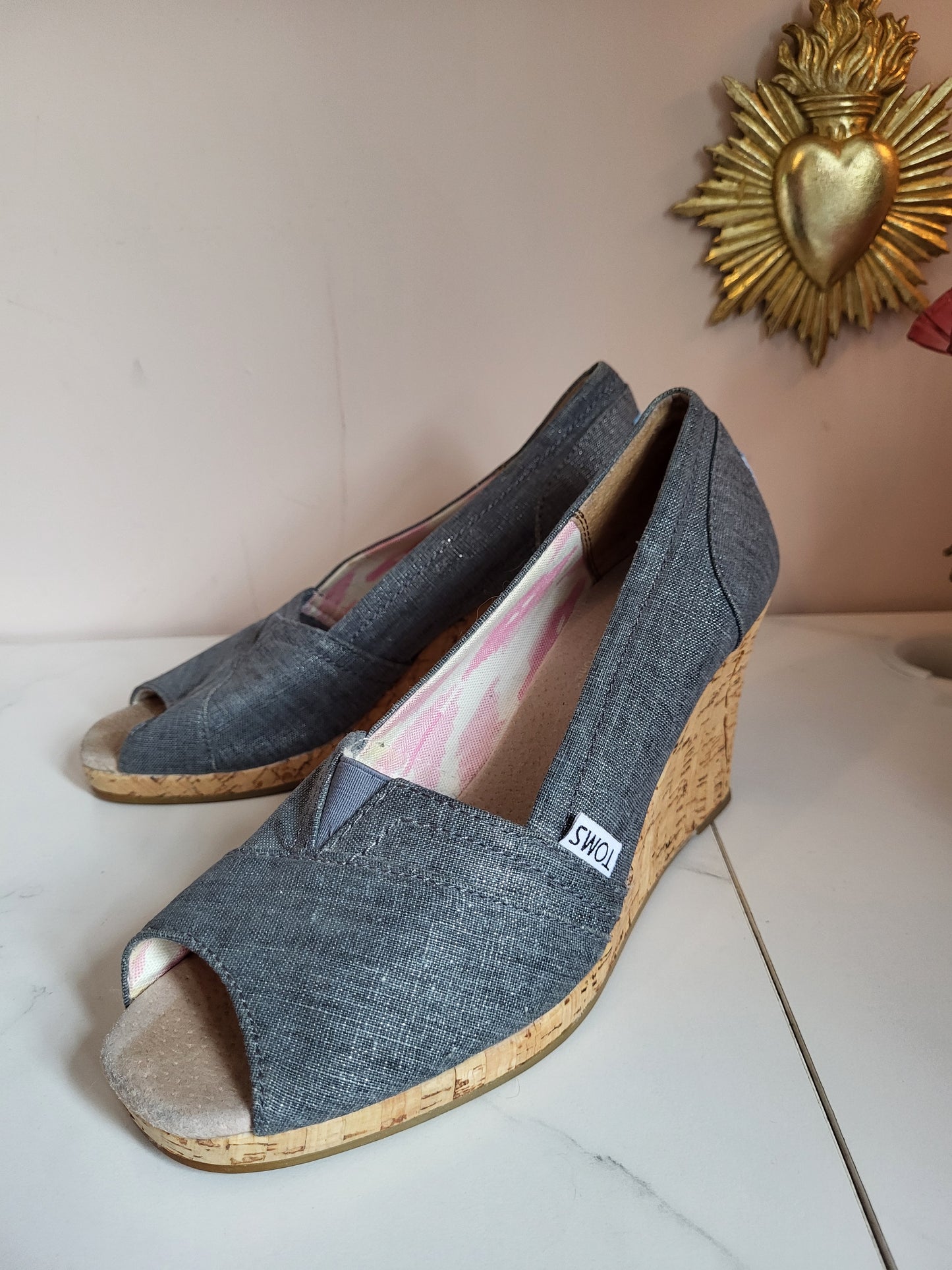 TOMS Grey Canvas Peep Toe Wedges