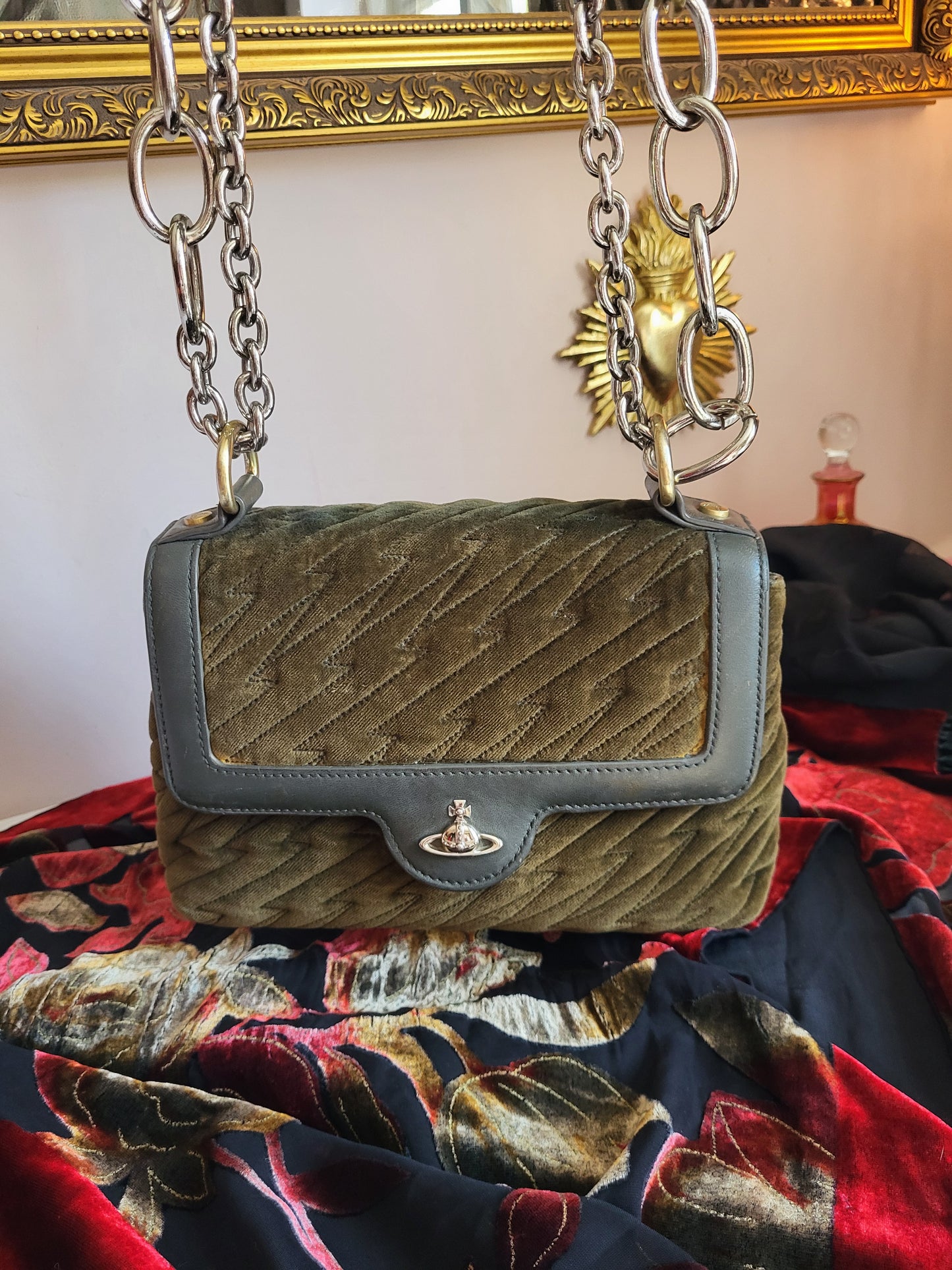 Vintage Vivienne Westwood Olive Velvet Shoulder Bag