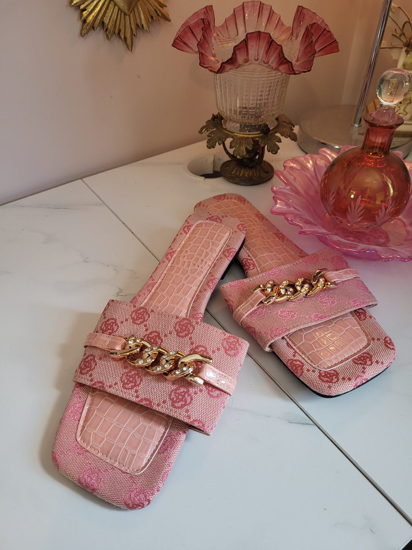 Pink Slip on Mules with Diamante Gold Chain detail