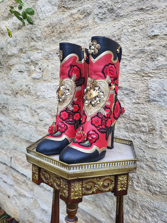 Dolce & Gabbana Baroque Embellished Red Leather Boots