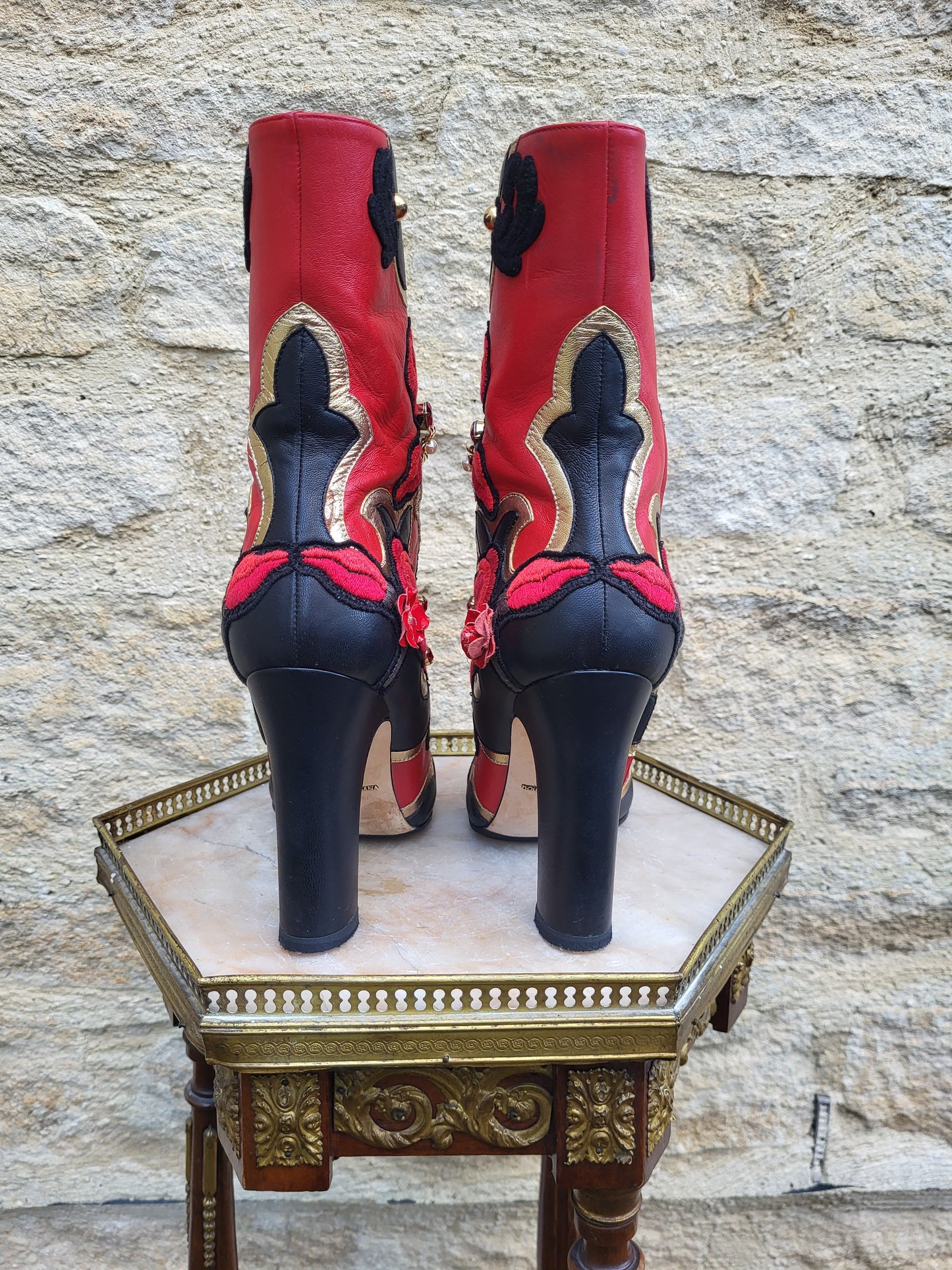 Dolce & Gabbana Baroque Embellished Red Leather Boots