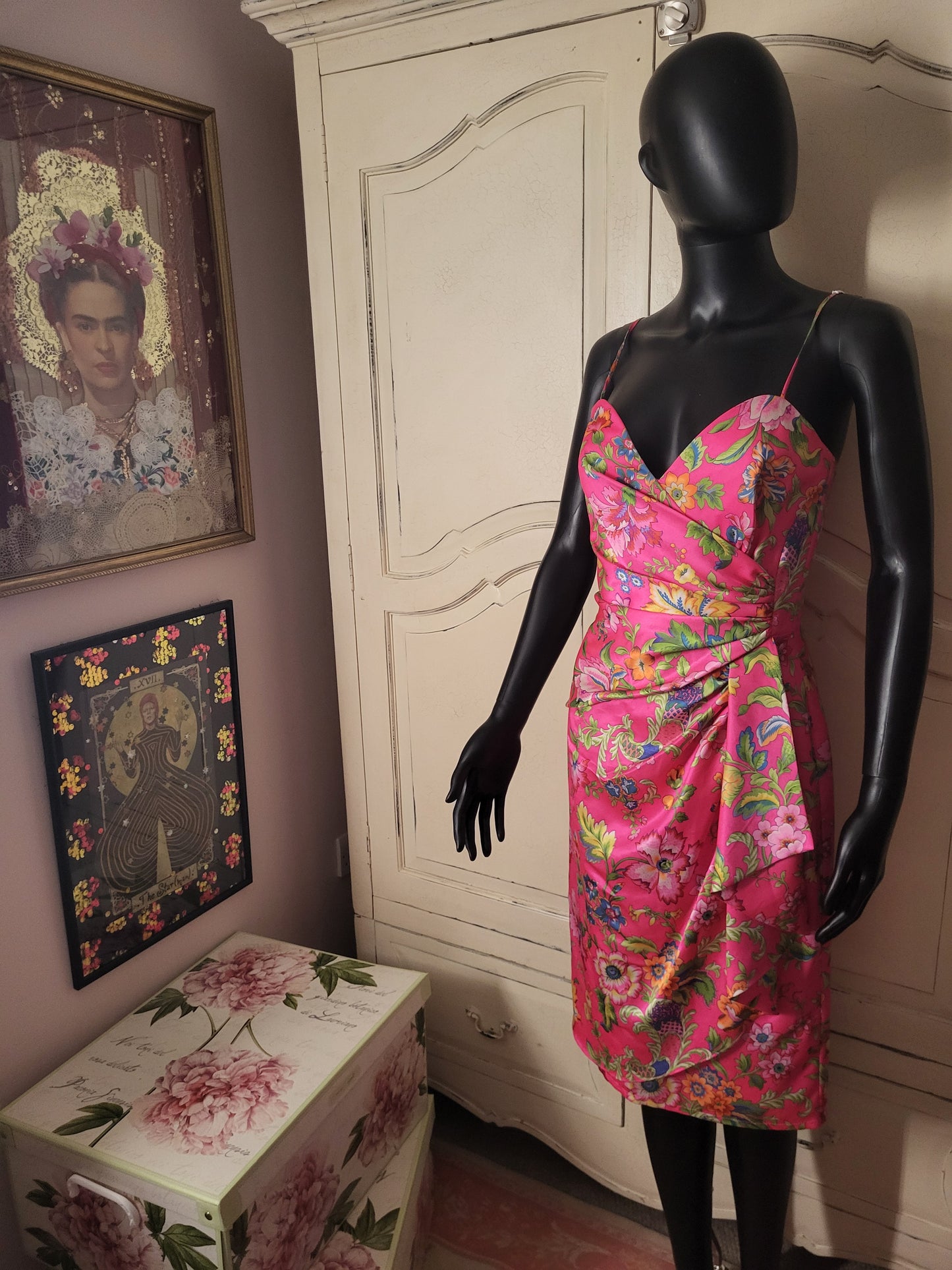 Vintage Satin Fuchsia Floral Print Frank Usher Dress