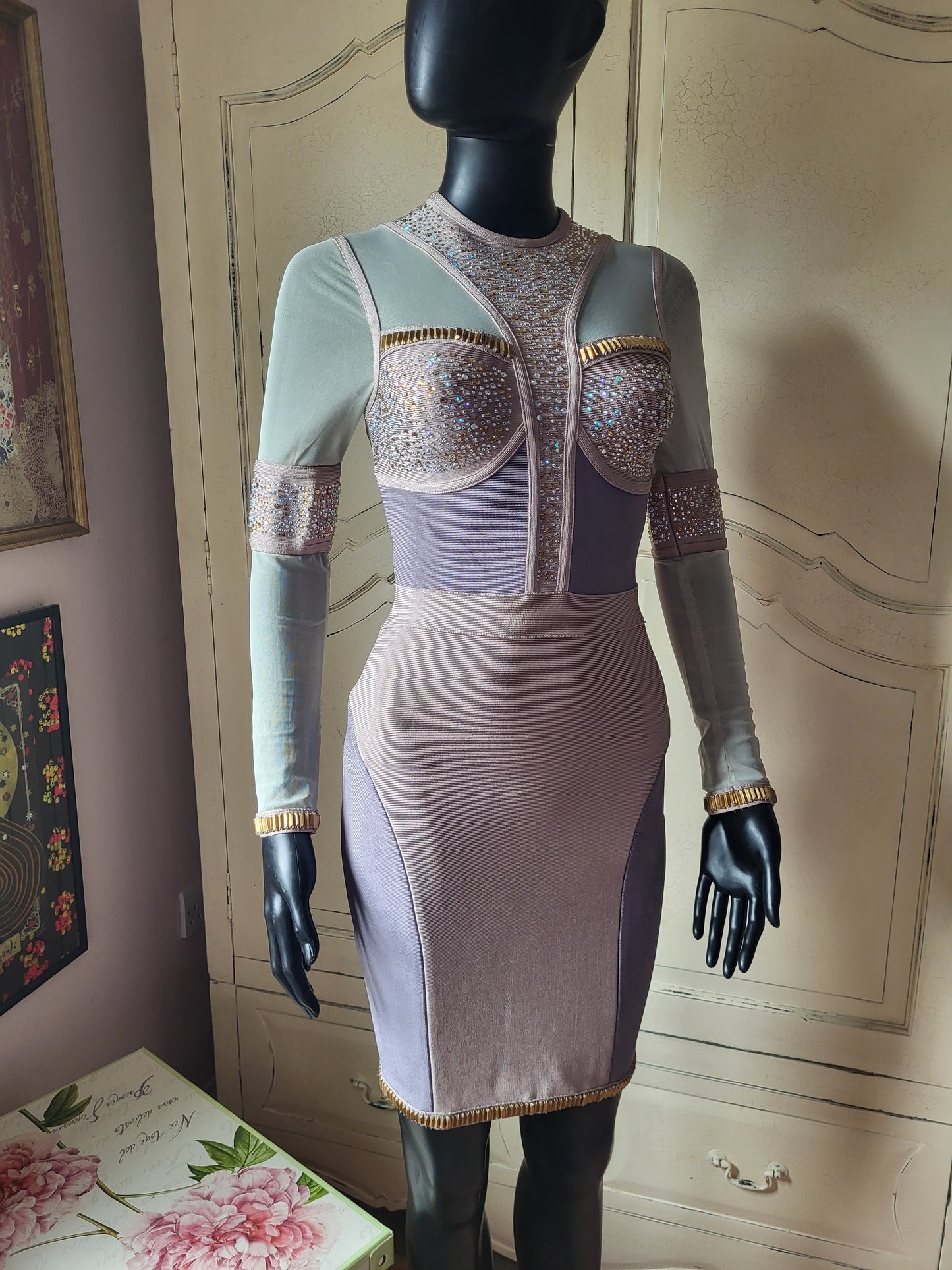 Mesh and Faux Diamante Bandage Dress