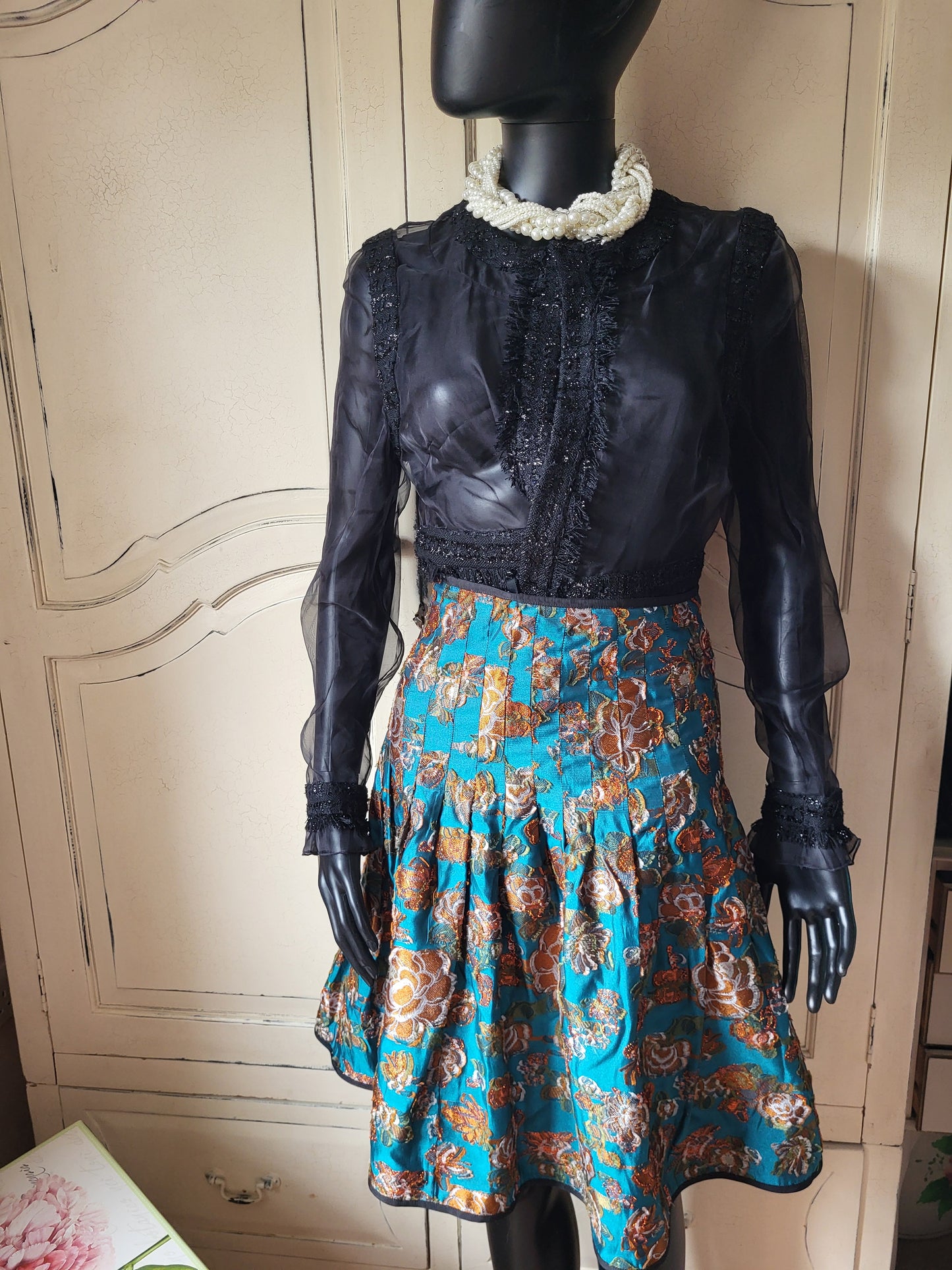 Vintage Silk Teal and Gold Brocade Skirt
