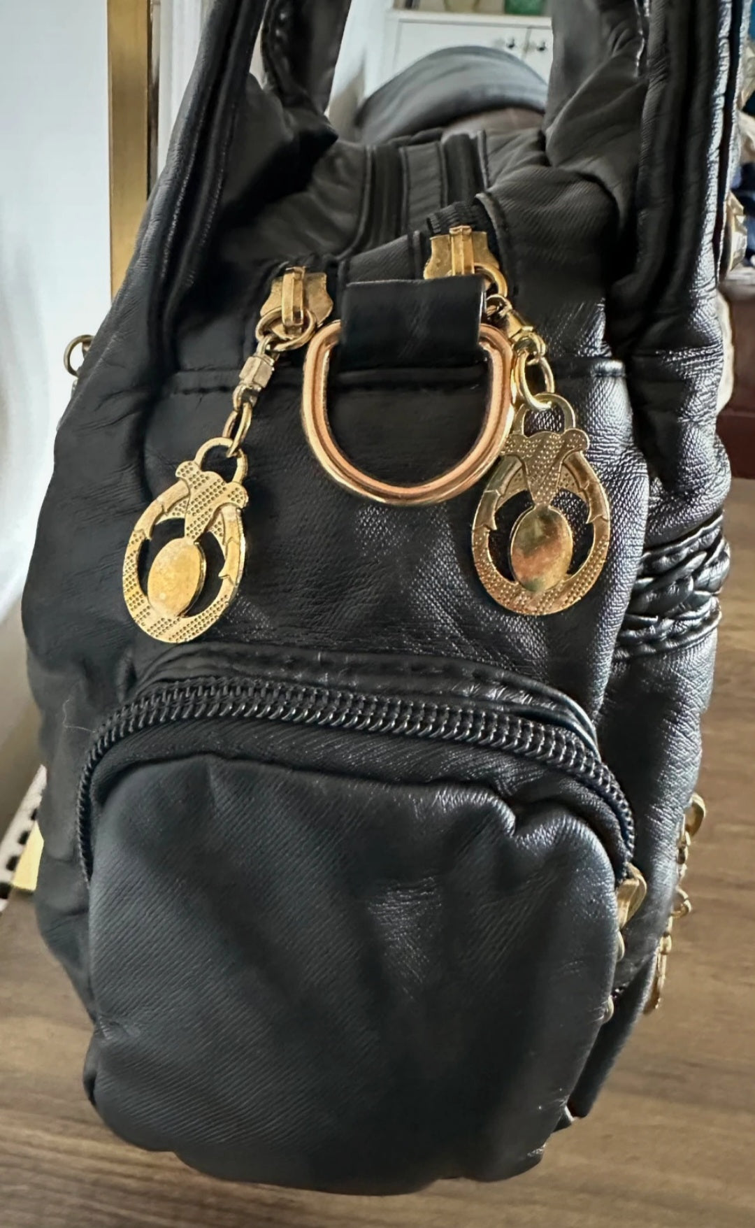 Vintage Black Faux Leather Handbag with Gold Tone Hardware