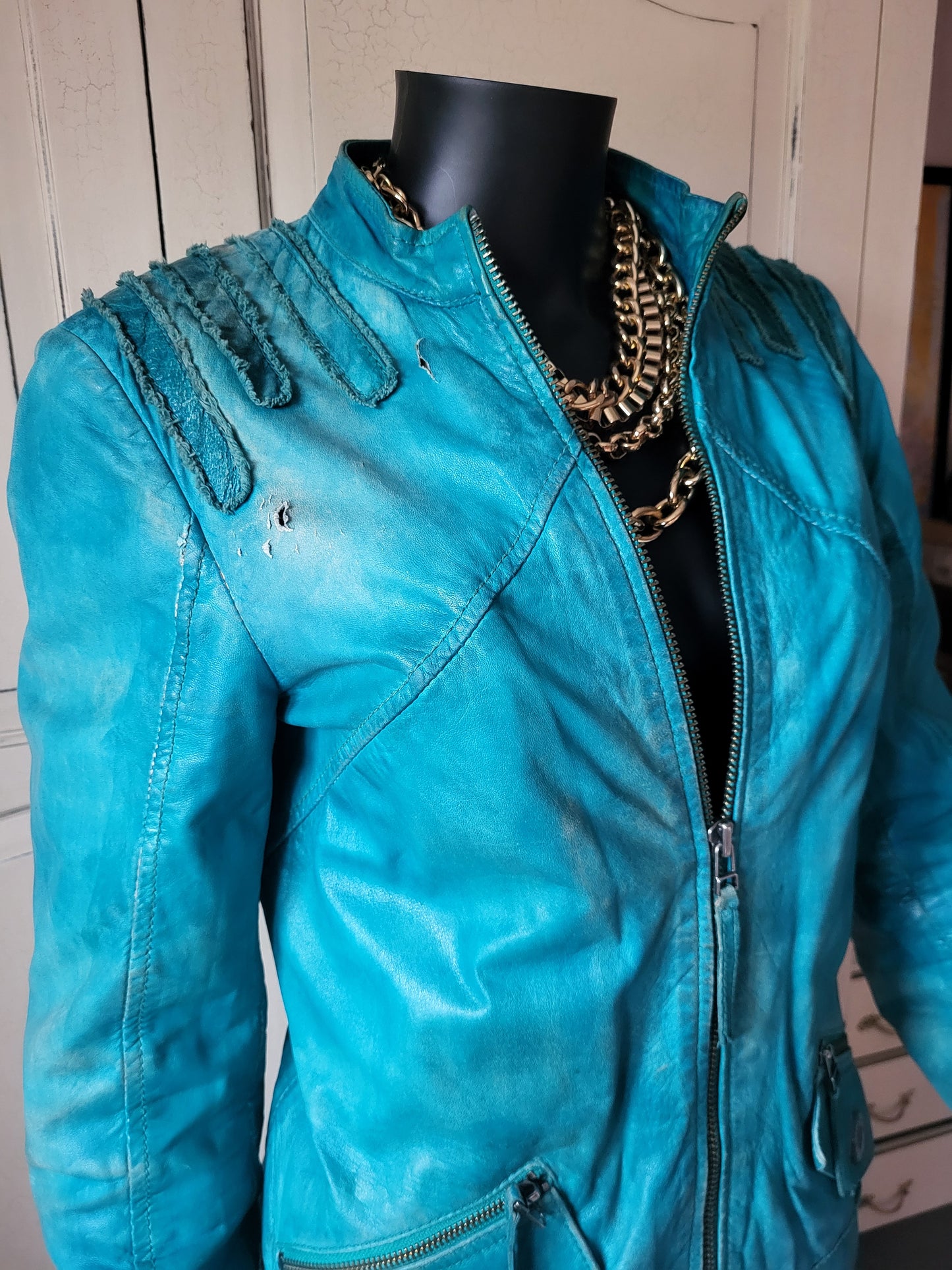 Vintage Maje Turquoise Distressed Leather Jacket