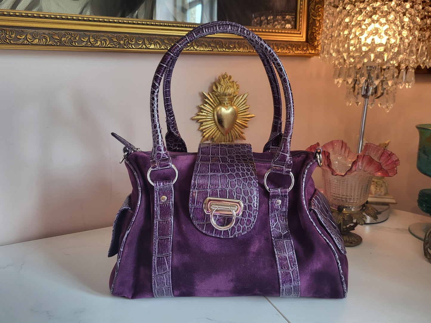 Midnight Purple Velour Tote Bag with Faux Croc Detailing