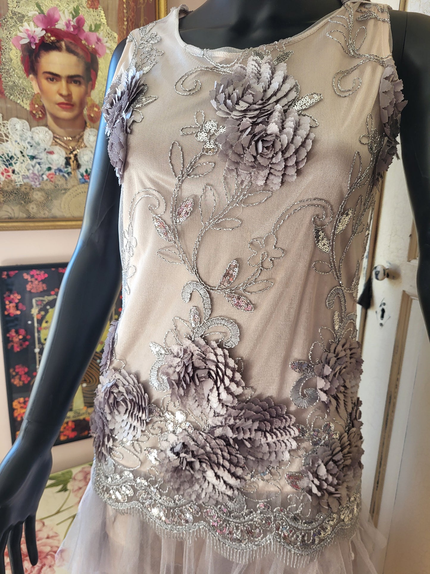 Vintage Silver Hand Embroidered Tulle Dress
