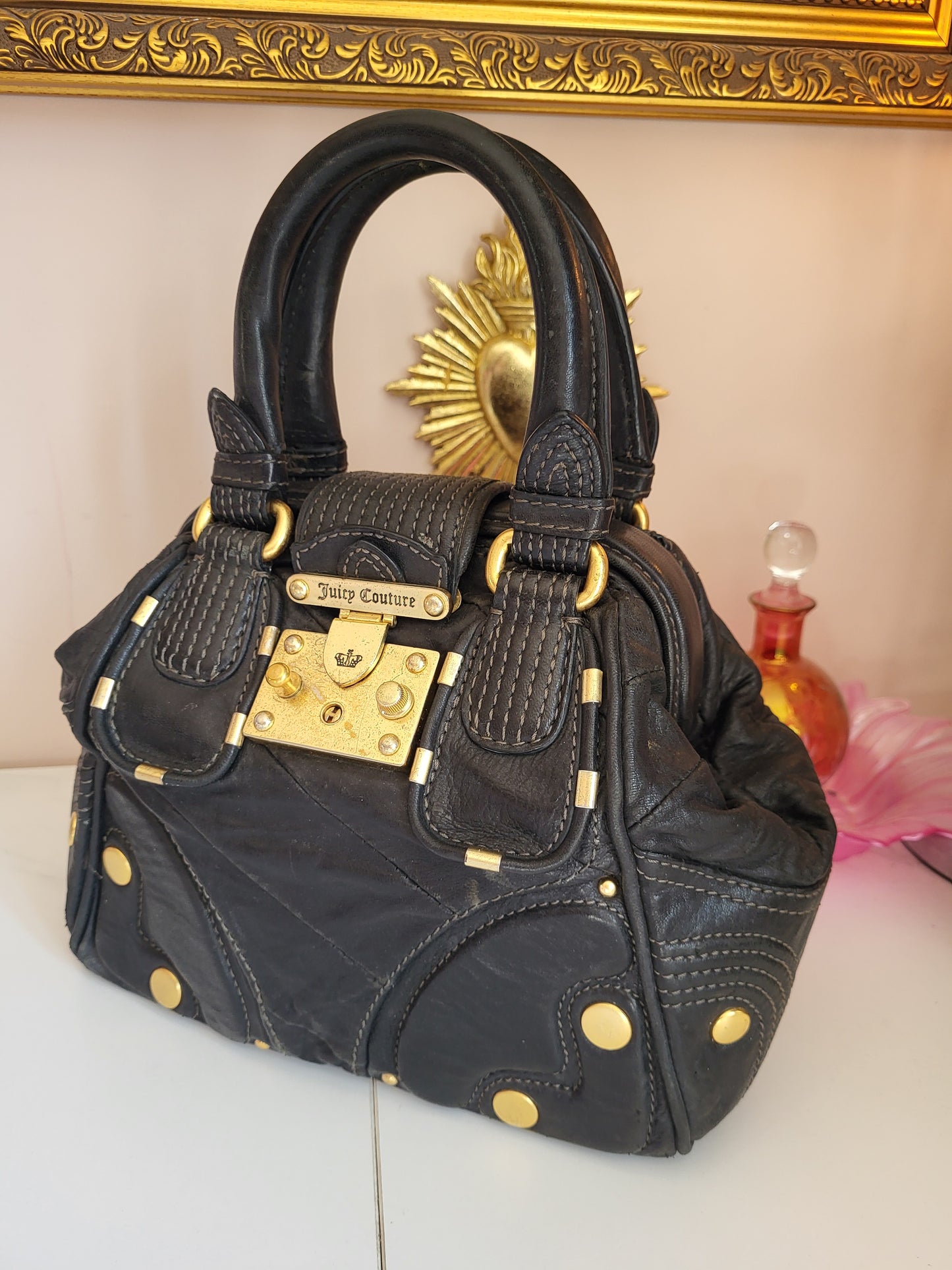 Vintage Juicy Couture Black Leather Satchel with Brass Hardware