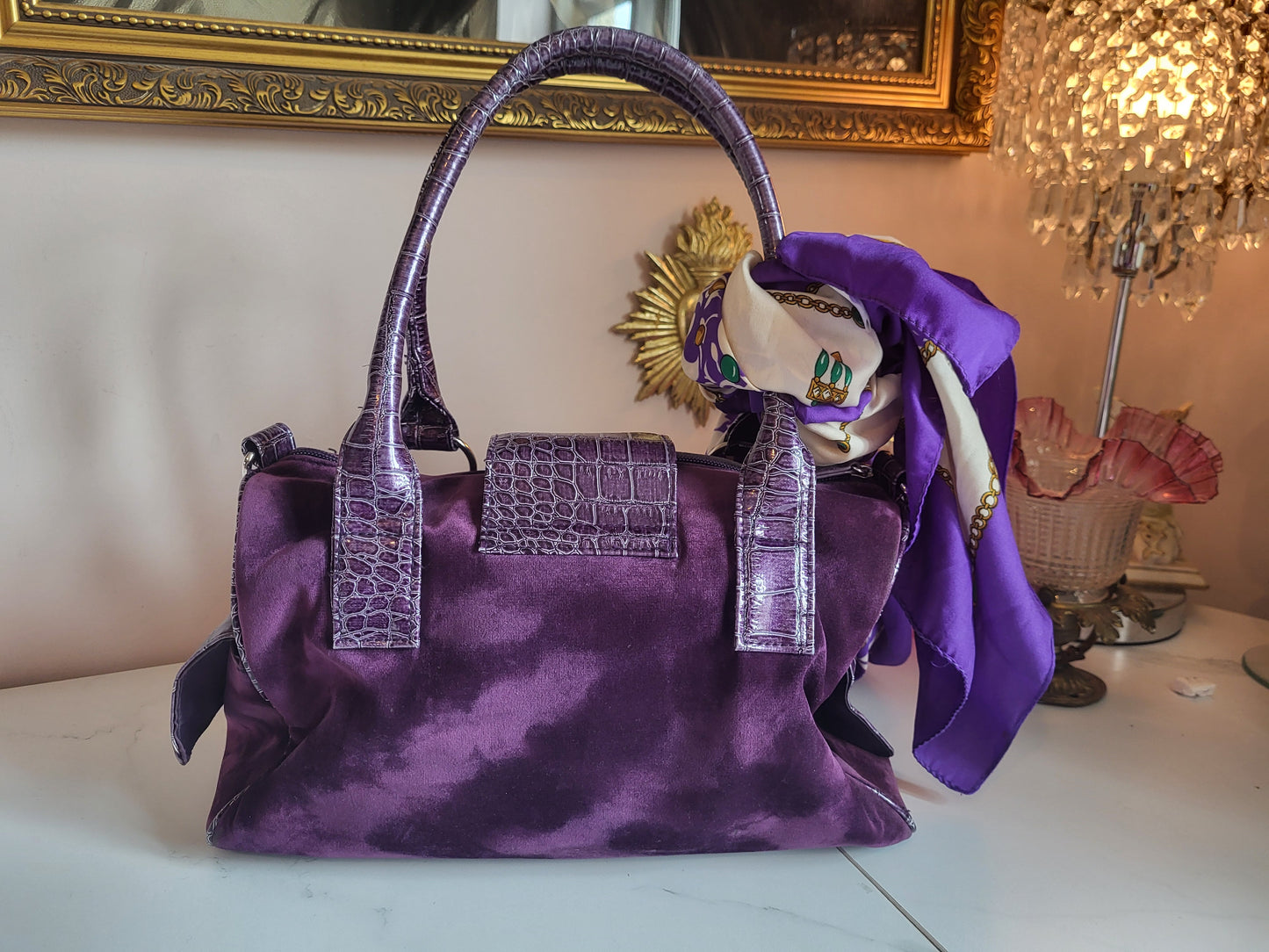 Midnight Purple Velour Tote Bag with Faux Croc Detailing
