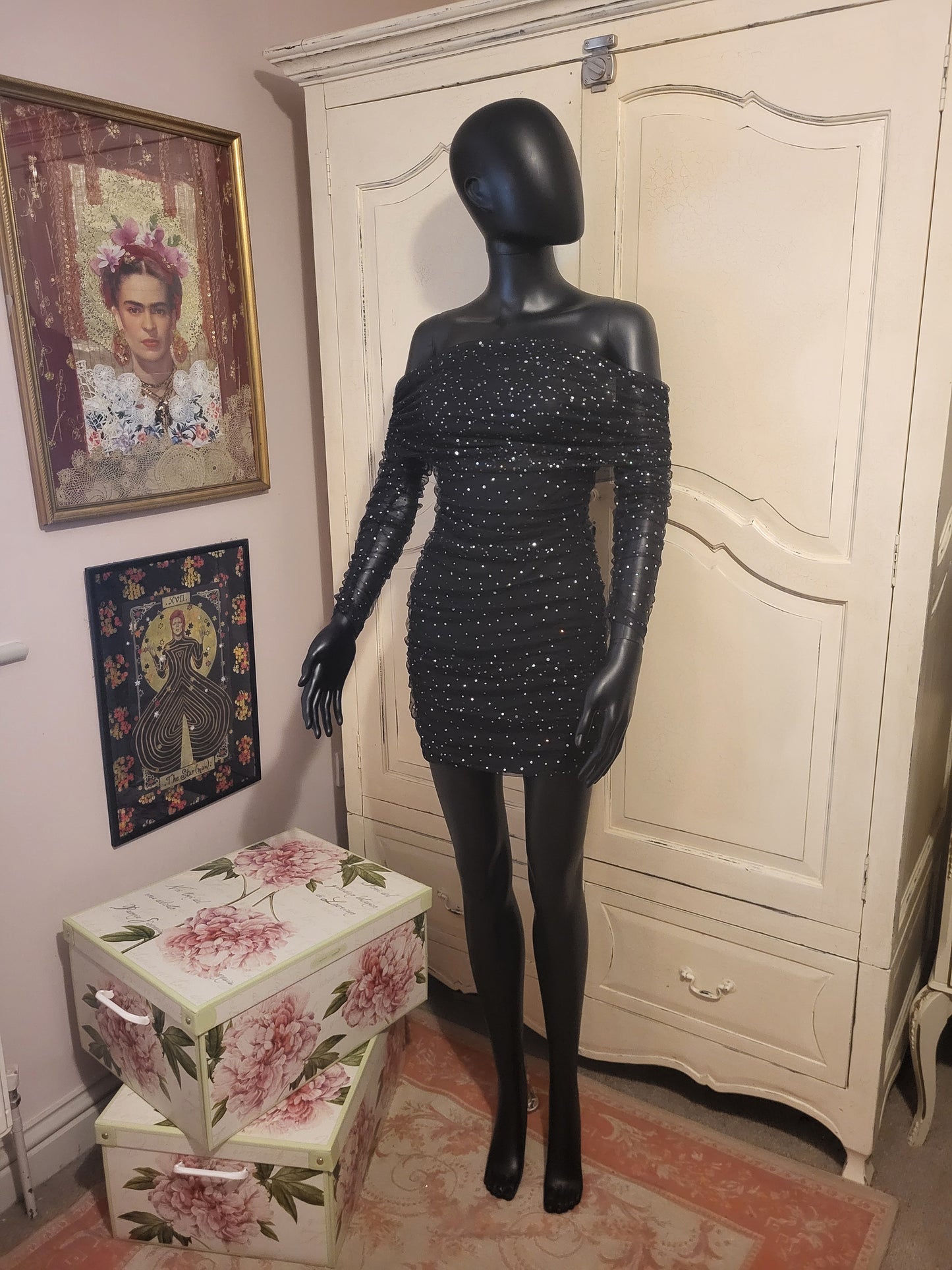 Sheer Off the Shoulder Diamante Black Mini Dress